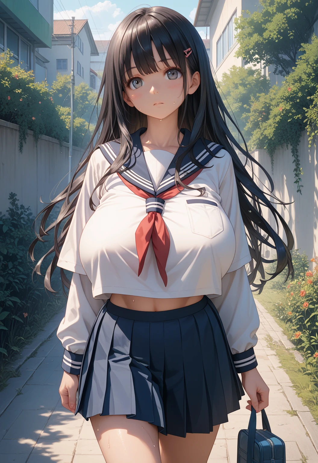 masterpiece、ultra-detailliert、top-quality、Perfect limbs、Perfect fingers、Realistic texture、Beautiful contrast between light and shadow、super gigantic breast、Beautiful Large Breasts、(a sailor suit)、pleatedskirt、with blush cheeks、facing the front there,
