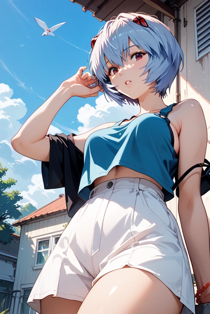 Cute girl, short gray hair, short-sleeved blue T-shirt, short blue skirt, big breasts