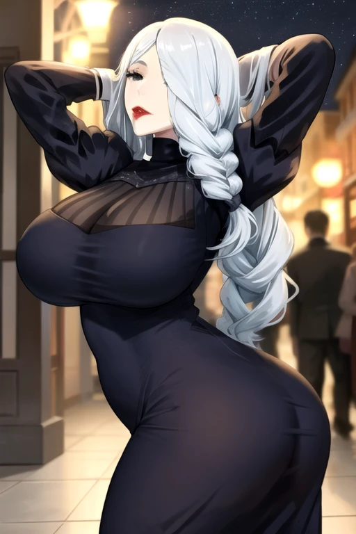 MeiMeiBD1, 1girl, solo, long hair, braid, hair over one eye, dress, smile, black dress, looking at viewer, breasts, long sleeves, braided bangs, large breasts, blue hair, braided ponytail, turtleneck dress, cowboy shot, makeup, red lips, grey hair, one eye covered, puffy sleeves, lipstick, closed mouth, turtleneck, sitting, girl sitting in, sitting in, black eyes, half-closed eyes, curvy, wide hips, covered navel, impossible clothes, outdoors, night, sky, clouds, stars, streetlights, lights, buildings, plants, bushes, (narrowed eyes:1.2), (squinted eyes:1.2), BREAK
masterpiece, best quality, highly detailed background, perfect lightingbest quality, ((shiny skin, glossy skin, detailed skin)) big ass empina a bunda