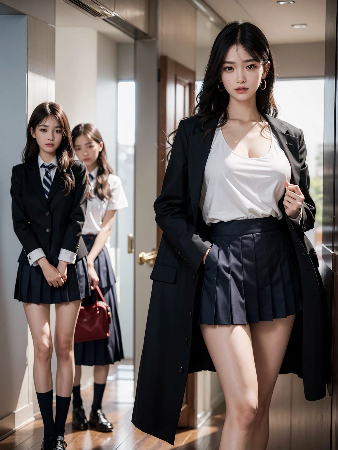 masutepiece, Best Quality, Five girls in the classroom,(5 people standing:1.2),Standing,Teenage, Looking at Viewer,l Group shot, harems,nffsw,Underwear,(pantiy),Realistic,School uniform,(Dark blue blazer and white shirt) ,(Dark blue pleated skirt),Blue Ribbon ,(Looking back, ass grab:0.9),(Beautiful eyes:1.3),frombelow,From below,Kinney,(skinny:1.2) ,Slender thighs, Long body, novel illustration,(Smelly eyes:0.5),closed curtains,(shirts lift,lifted by self:1.5) ,Dark Persona.Skirt lift front,(Panties:1.3),