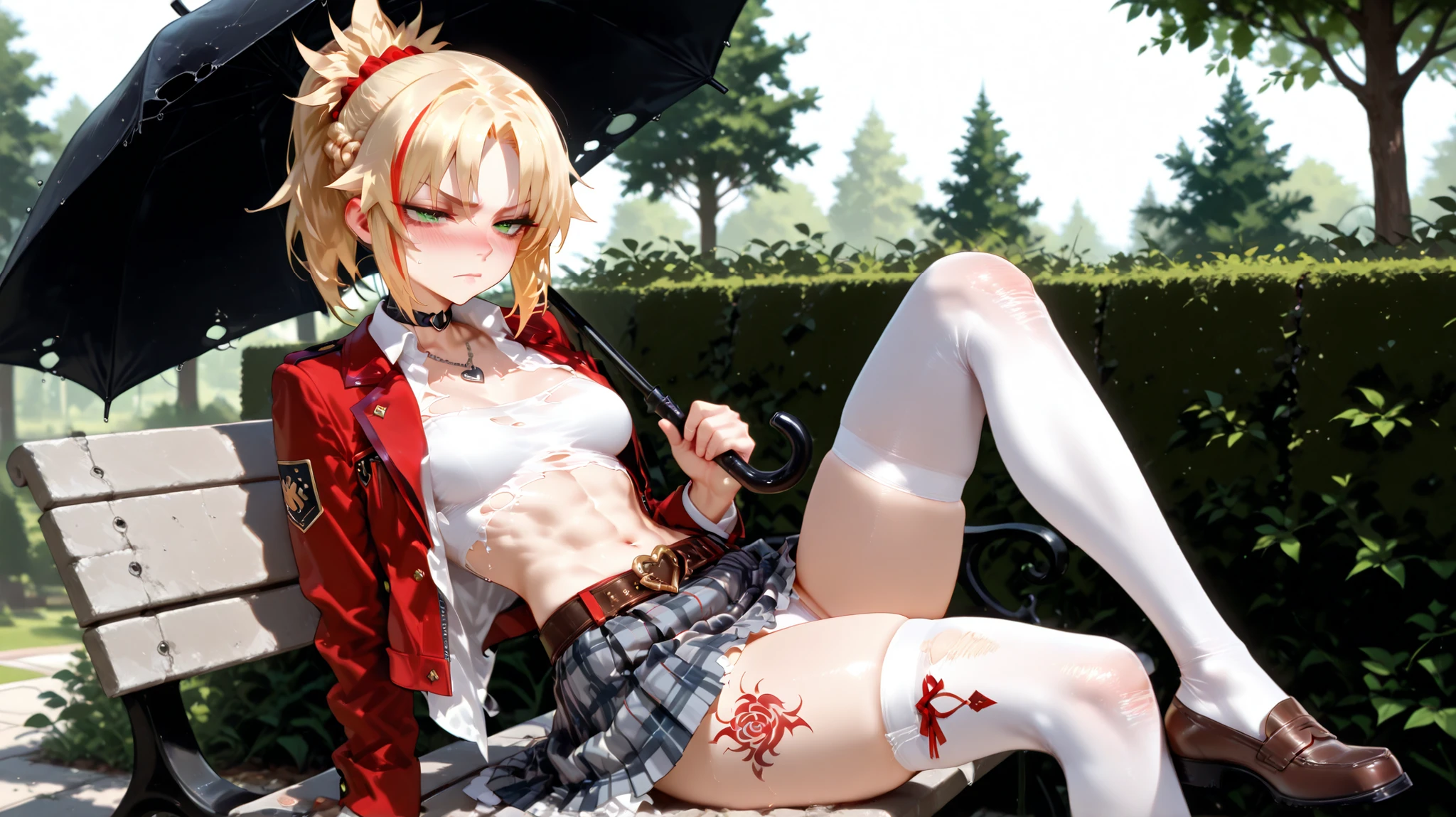 Short milky white hair,yellow eyes,lovely expression,a shy expression, college top,Red fluffy skirt,blackstockings,naked navel and shoulders, Lie down on the soft bed, legs open up, legs propped up in the air,tilt your head,baki,Open your little mouth, ((sweat))