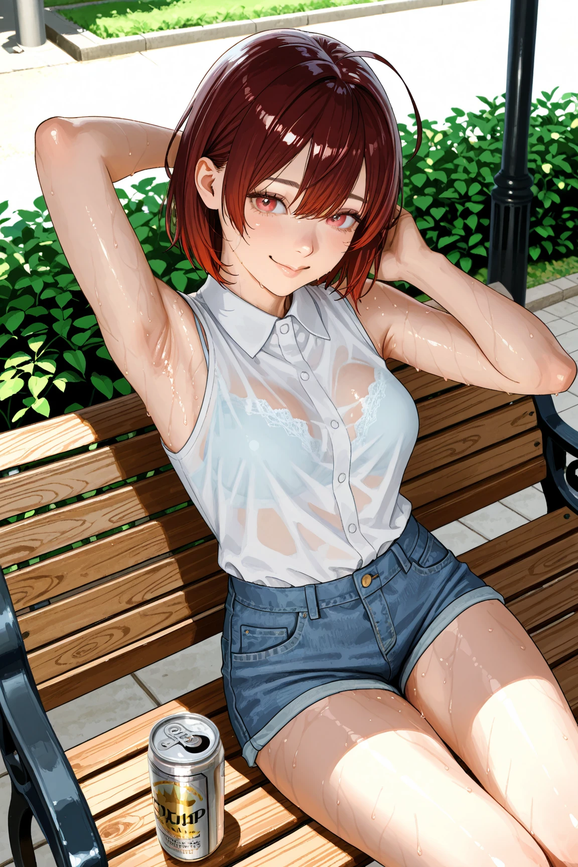 Girl, no pants, Shirt unbuttoned, You can see her breasts, Bus stop in the Rice fields background, openlegs, Bare chest, small breast, slim body, Sneakers , wet body, Wet hair, rain, Experiences Orgasm, You can see the ass