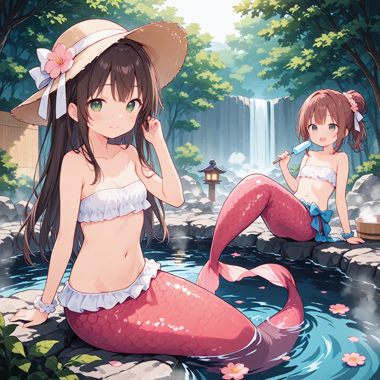 Two girls swimming together,Spring water,Small fish