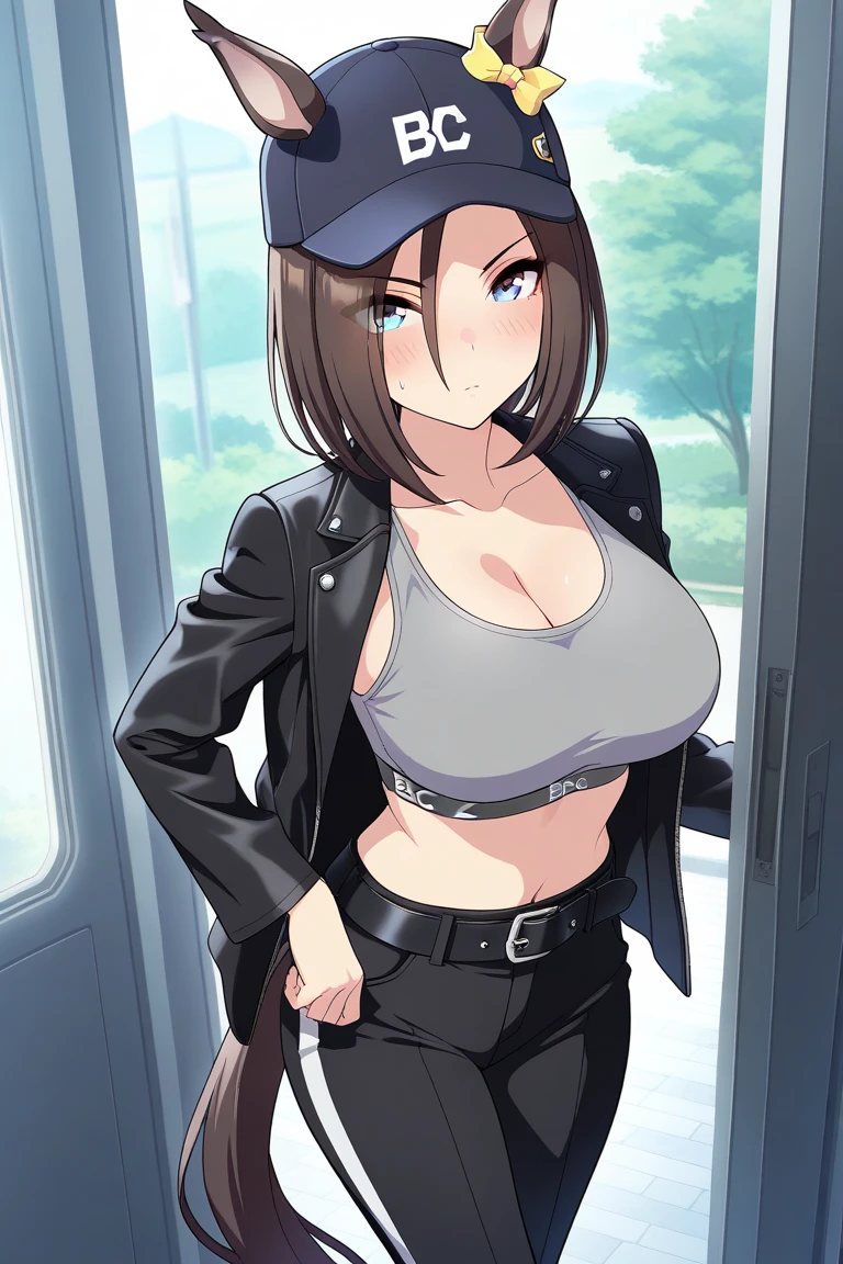 tennis girl, fat erect nipples out bare, wearing oven mittens tucked in pockets, blindfold
