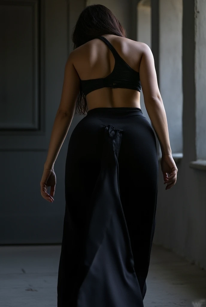 Woman standing and wearing dark blue trousers feet visible back facing the camera and topless