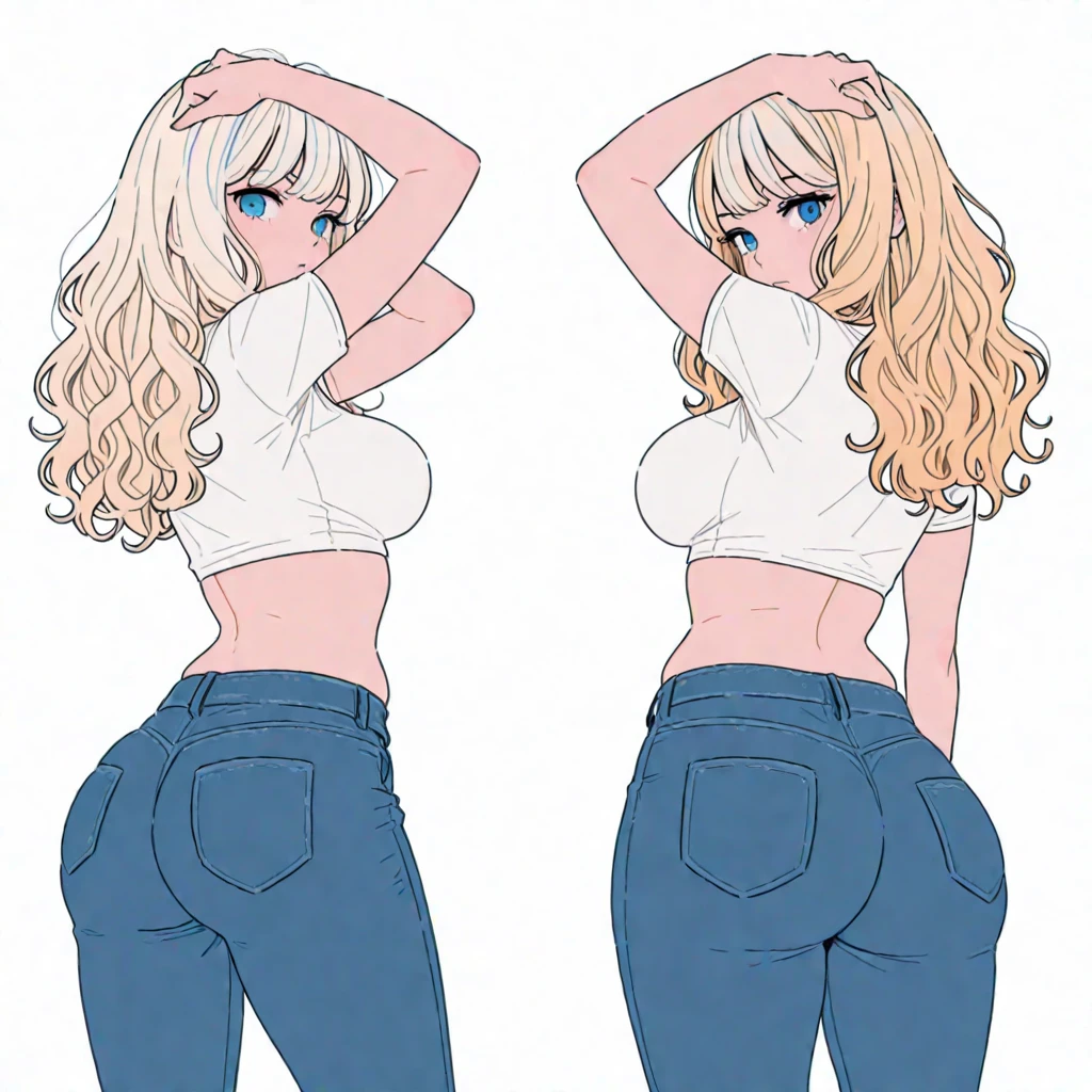 and Copy tips Beautiful and amazing blonde brunette Mexican, Full length portrait, in tight blue jeans with bags on the sides, with a white blouse, with honey-colored eyes, standing, legs, ass, hips, , free Curls, hair Curly black (shorter darker Curly hair), wild black long Curly hair, multi-versatile hair, Brazilian, black Curly short hair. curly black hair, Curls, long wavy hair, Baroque Curls, Curls, Curly, curly blonde hair, Hair texture, Curly bangs with a freckle on the right cheek