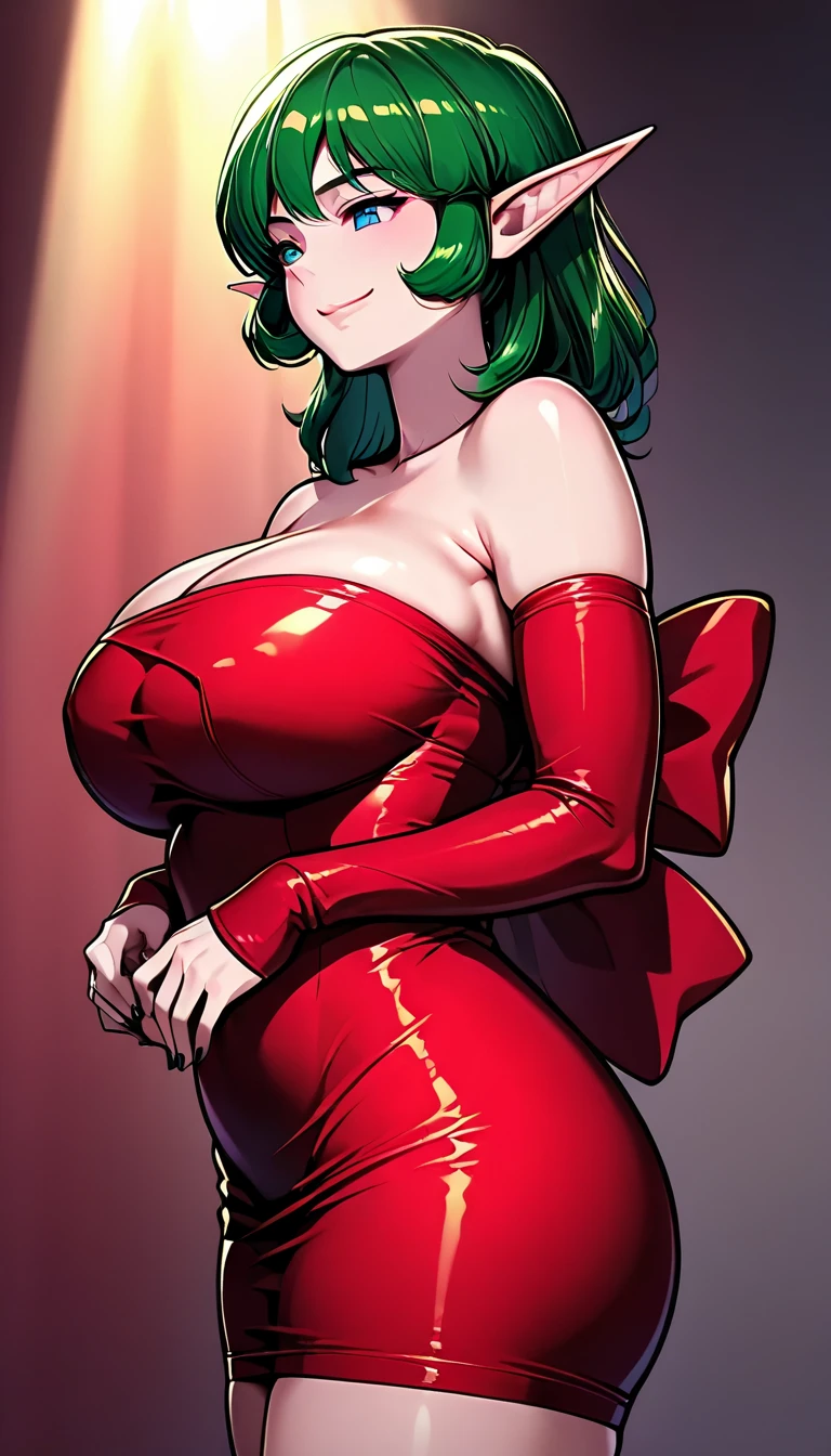 JessicaWaifu, Massive , elbow gloves, green eyes), Massive and Deep cleavage, red lips, (strapless dress) (red hair) (red dress), ((She has a mature figure, her cleavage is Massive and Deep))