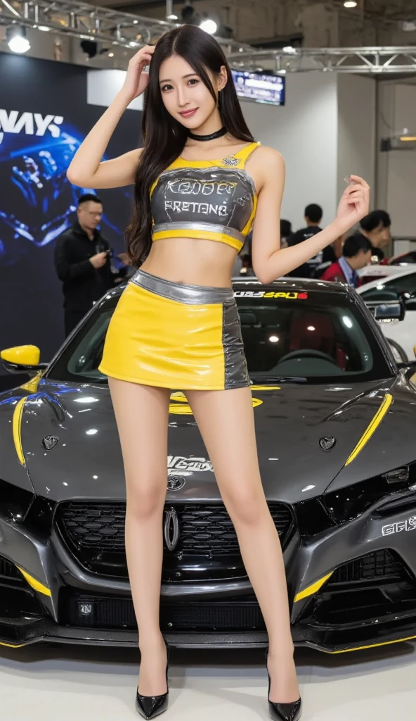 A futuristic family car with neon trim, 4 doors, tinted windows, a sexy Asian woman (25, model, gorgeous, curvy, mini outfit) posing next to it, glamour photo, highly detailed, photorealistic, 8k, studio lighting, professional, vivid colors, bokeh