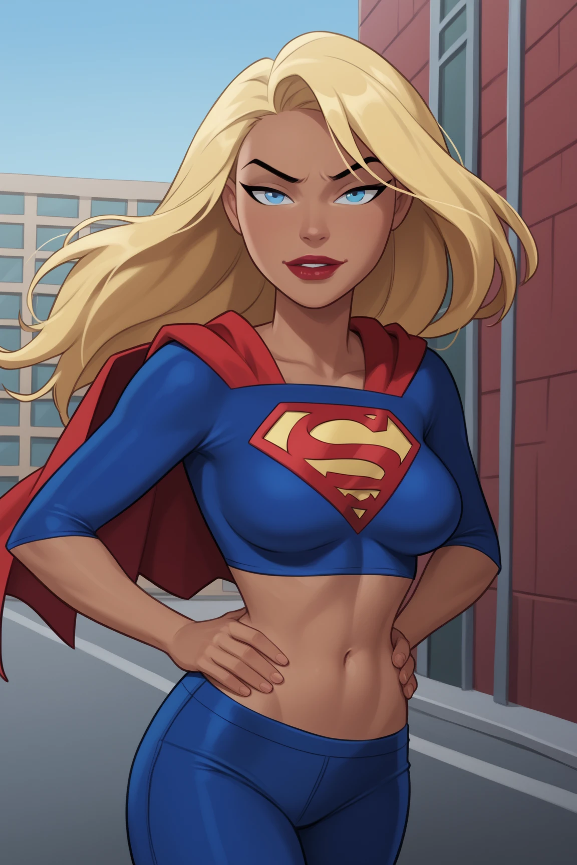 (((hero pose))), (((uma super garota loira))), (((uma supergirl feminina ultradetalhada e sexy))),, Sozinho, na frente do fundo do universo DC, olhos detalhados, Olhos realistas, olhos altamente detalhados, hyper olhos detalhados, Long eyelashes, grande meio sorriso, (com sardas), (rosto corado:1.2), (((tight bra))), pantyhose, Cinematic lighting, detalhes intrincados, altamente detalhado, (ultra detalhado), hiperdetalhado, Ultra HD, (hdr), 8K,