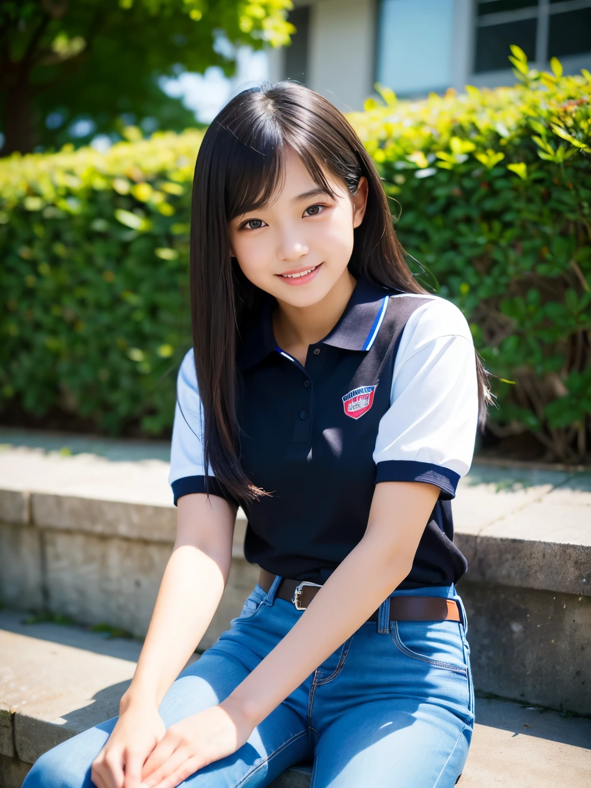 Best-quality, Masterpiece, Ultra-High-Resolution, (Photorealistic:1.4), Raw-Photo, 1girl, the most famous Japanese idol, (leaning forward), wearing track and field loose-uniform, extremely cute face, ((extremely cute big-black-eyes)), extremely cute hairstyle, extremely cute eyelashes, extremely cute lips, (extremely beautiful skins)), extremely beautiful body, innocent-smile