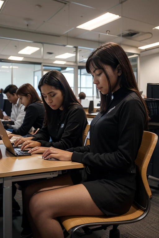 there is a woman sitting in a chair with a laptop, wearing a strict black business suit, sitting on a desk, in strict suit, on a desk, in a strict suit, japanese goddess, thighhighs and skirt, sat at her desk, sitting on a table, sitting at desk, wearing business suit, elegant legs, seductively looking in front, crossed legs, sakura futaba, orange hair, blunt bangs, purple eyes, violet eyes, glasses, white button up shirt, headphones, thicc, green jacket, thick thighs