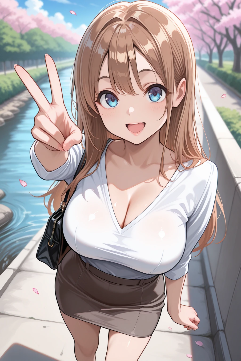 masterpiece, best quality, amazing quality, very aesthetic, absurdres ,
1girl, solo,
[office lady, shirt, skirt:9990], 
office lady, taut clothes, taut shirt, v-neck, shirt, pencil skirt,
gyaru v, :D, bag lift, Standing with spread legs pose,
looking at viewer, shoot from above,
blurry background, river road, blue sky, clouds, spring day, cherry blossoms,
 <lora:Aya_Honma_illustriousXL_kohyaSS_V1:1> aya_honma, large breasts, brown hair, long hair, hair behind ears, royal blue eyes, lips,