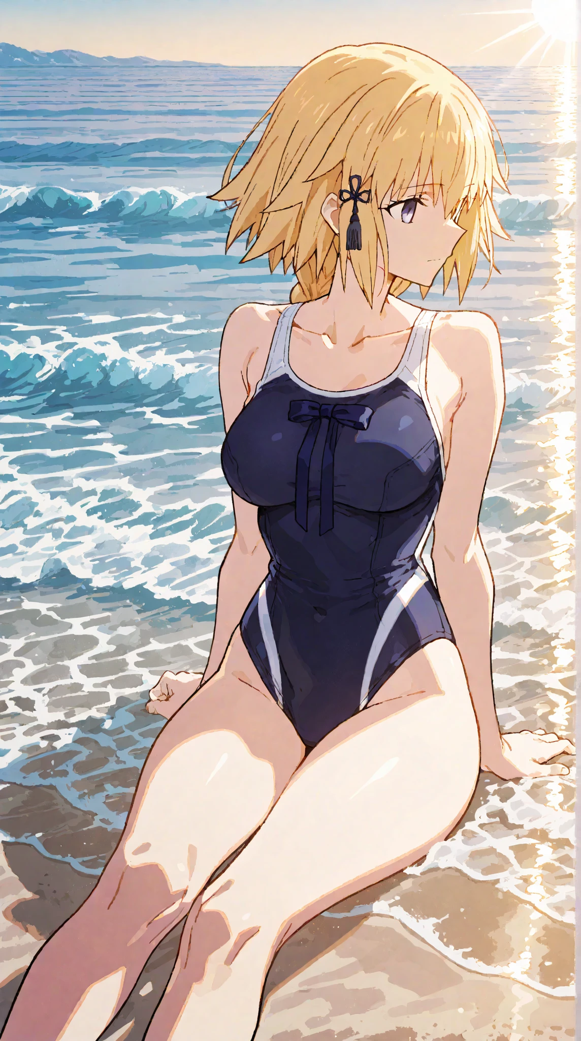 ((((ultra illustrated style:1.0)))),Best Quality,best animated,masutepiece,Ray tracing, Global Illumination,fril swimsuit,Head,1girl in,Solo, Looking at Viewer,Standing, Outdoors, Cowboy Shot,Hands on hips,