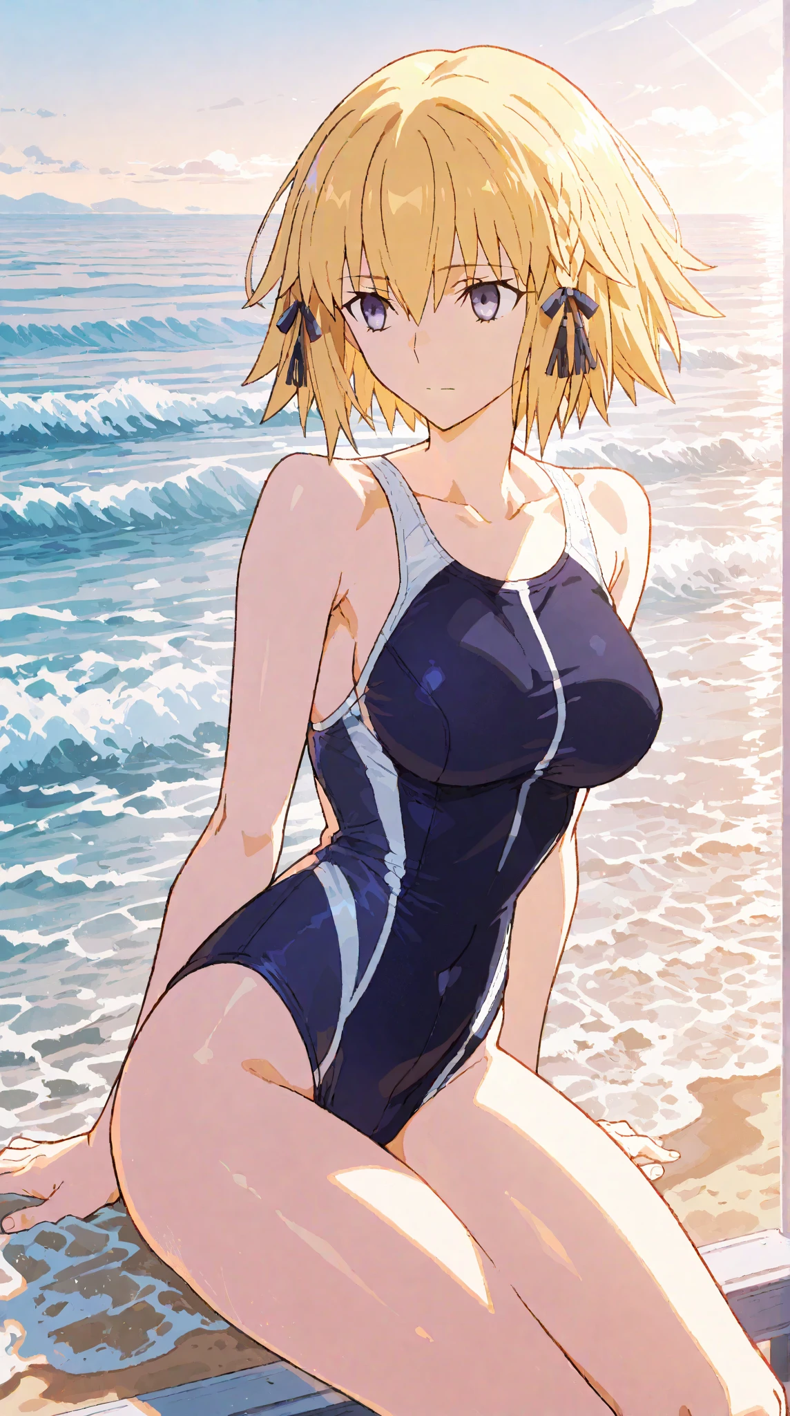 (((masterpiece、Highest image quality、highest quality、highly detailed unity 8kwallpaper)))、((Illustration of one girl))、(((beautiful girl、cool)))、((blonde、pixie cut:1.2、two side up、sidelocks、green eyes))、(((tall:1.3、stocky build, thickset physique:1.3, muscular legs, broad shoulders, solid chest)))、swimsuit、sandy beach