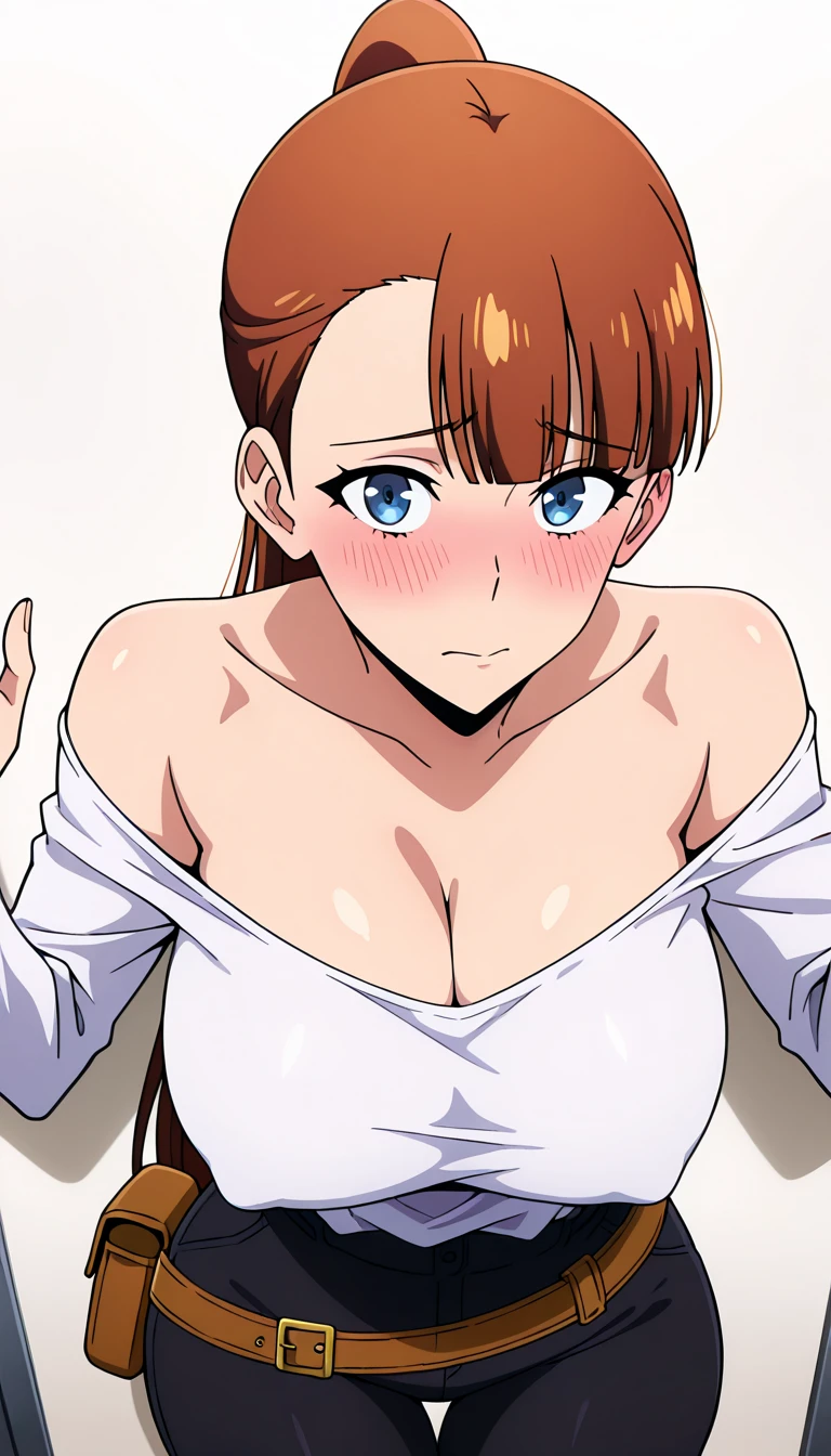 masterpiece, 16k, Japanese, 1 female ,60 years old ,(White Shirt Blouse、Cleavage:1.2) ,(Big Breasts:1.5) ,Cleavage ,Chubby, Realistic, double eyelid, Textured skin, 1080p, Canon, 8k, Very detailed, Accurate, highest quality、impatience、Sweat:1.5、blush、Embarrassed face、smile、(Narrow waist、Big Ass)