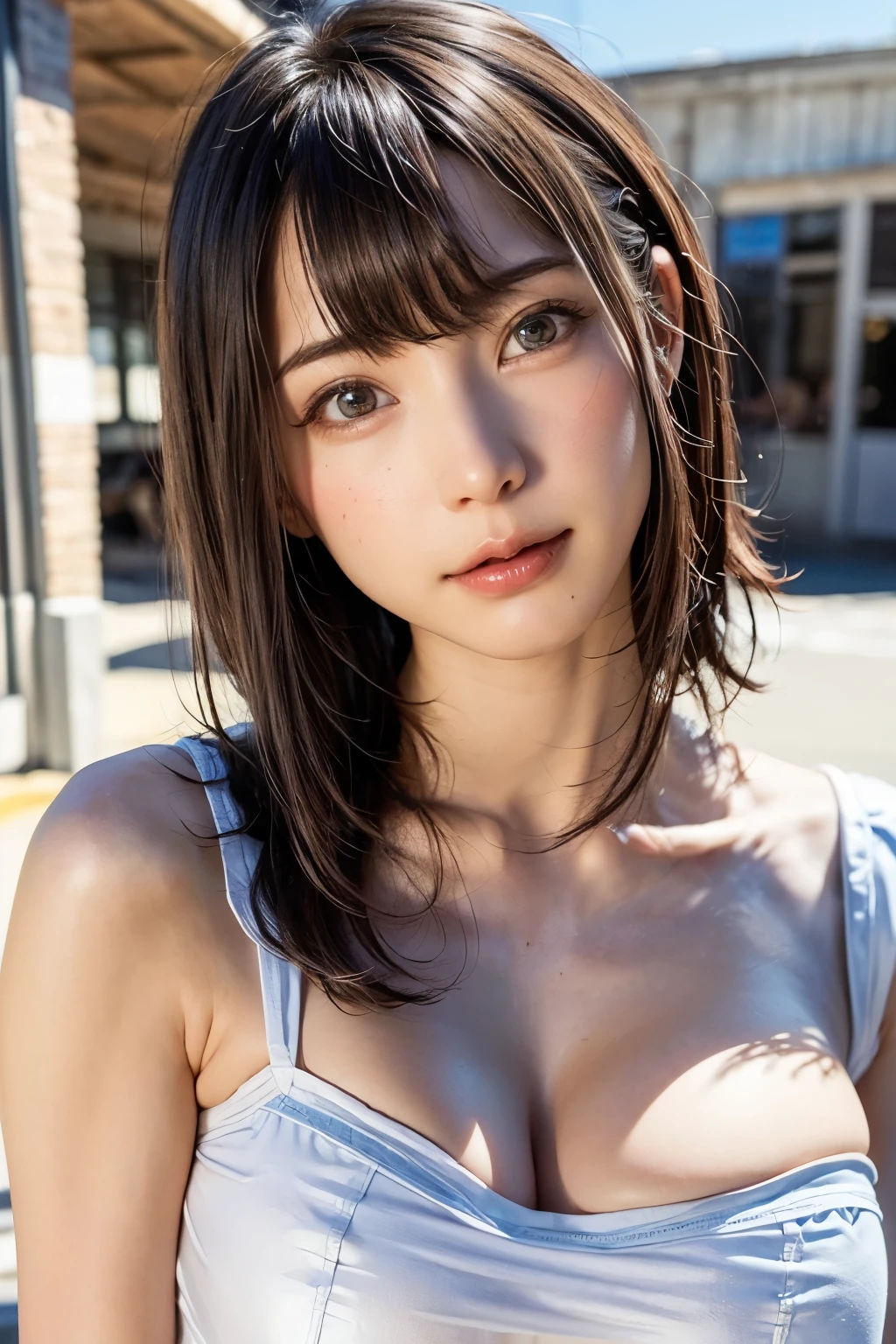 1girl，street Tokyo，the night，city scenery，City lights，The upper part of the body，huge tit，cleavage，Blue and white striped bikini swimsuit，closeup cleavage，ssmile，，（8k，RAW photos，Best Picture Quality，tmasterpiece：1.2），（fidelity，Realism：1.37），