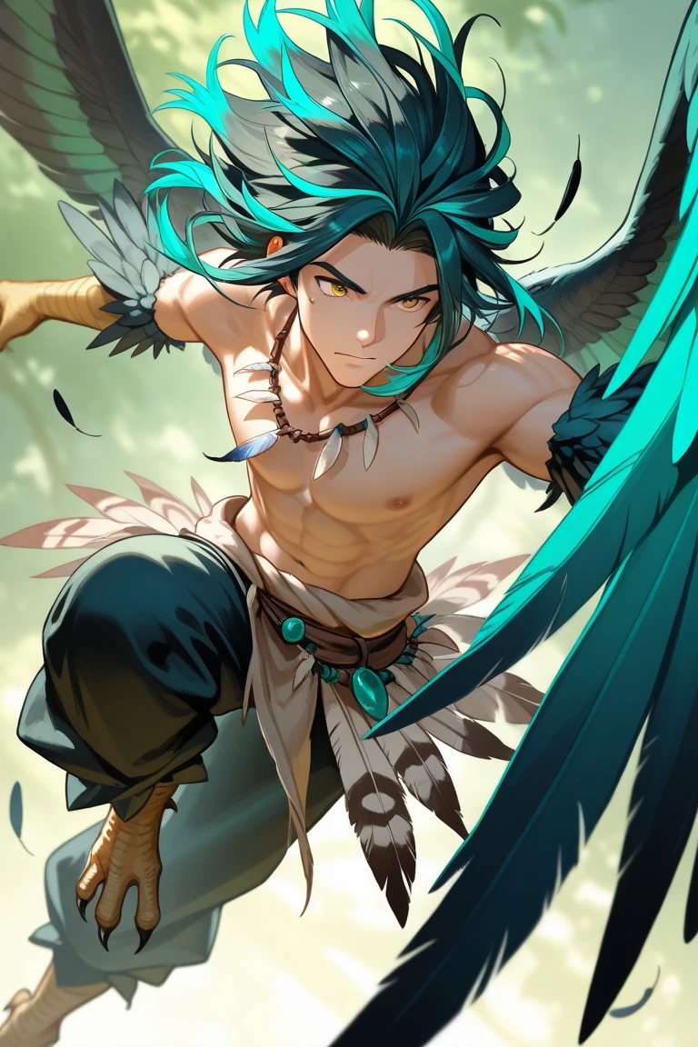 Black long hair, green eyes, dnd halfling, wings on back, androgynous, full body portrait, flat chest, defined muscle, smiling, nsfw, bulge