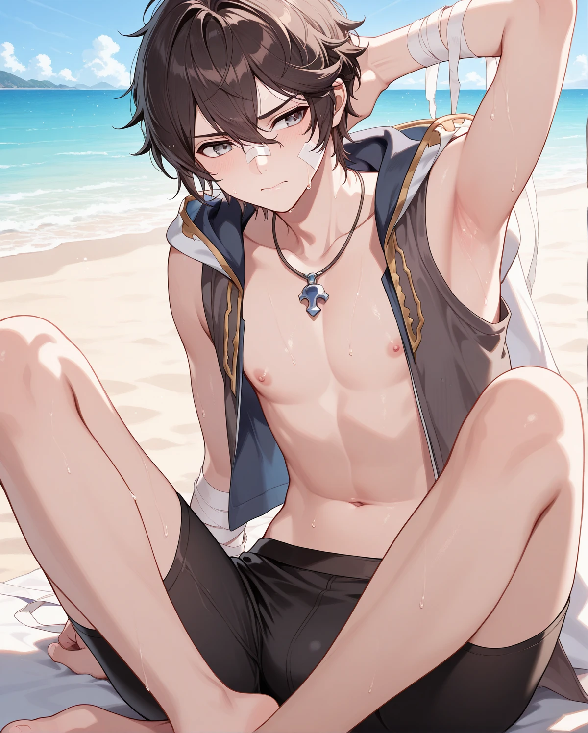 japanese,nsfw, boy,beach.swimsuits,stand.looking at viewer,penis,penis in the swimsuits