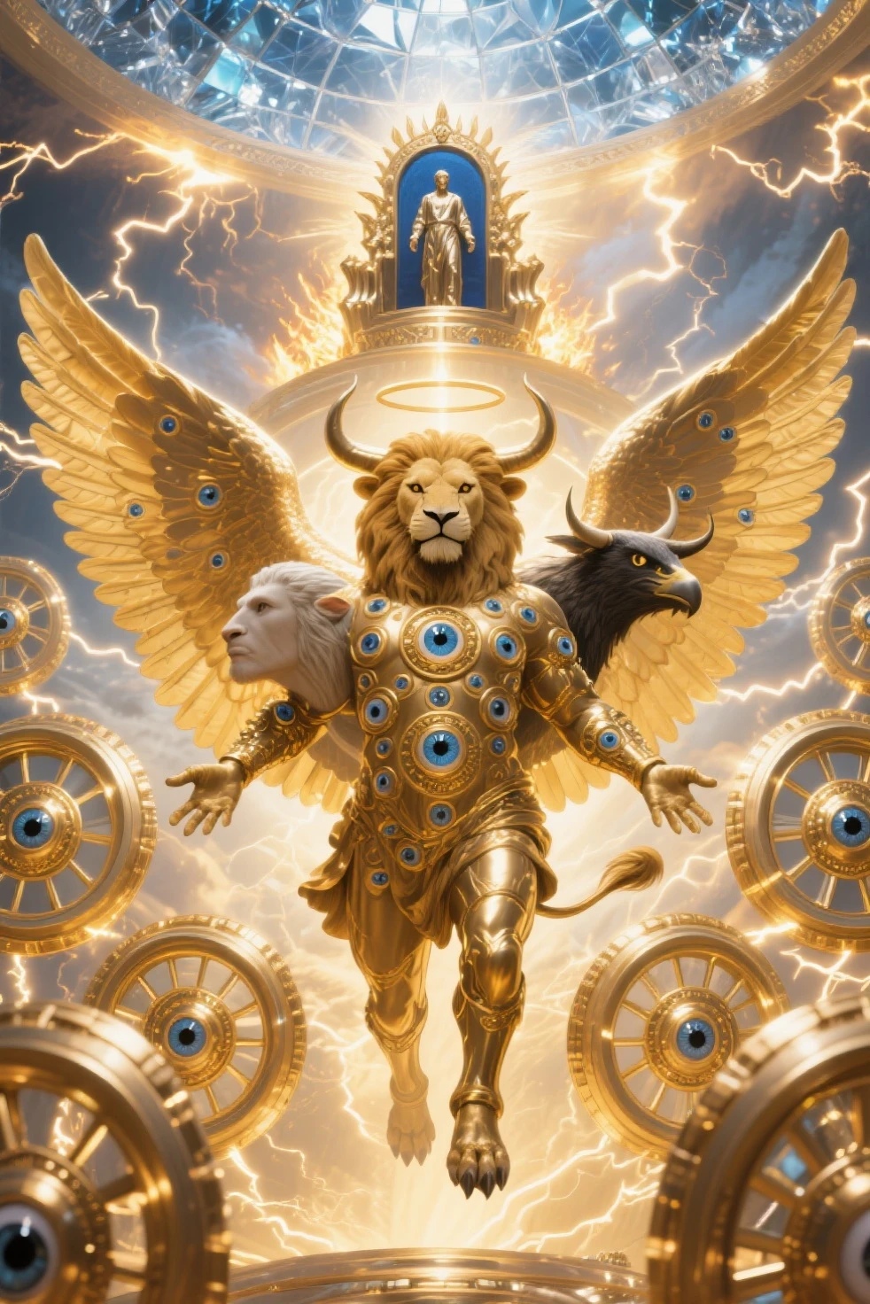 Arte sacra, Universo Sagrado, A sky with archangels and cherubim flying,,((Leo body)),, ((lion hair)),,Winged lion,, flutuando, nuvens fofas douradas, tom dourado, Meio Tons, Arte sacra, Michelangelo, anjo sagrado,,((lions)),,,(((Geometria sagrada))),,,