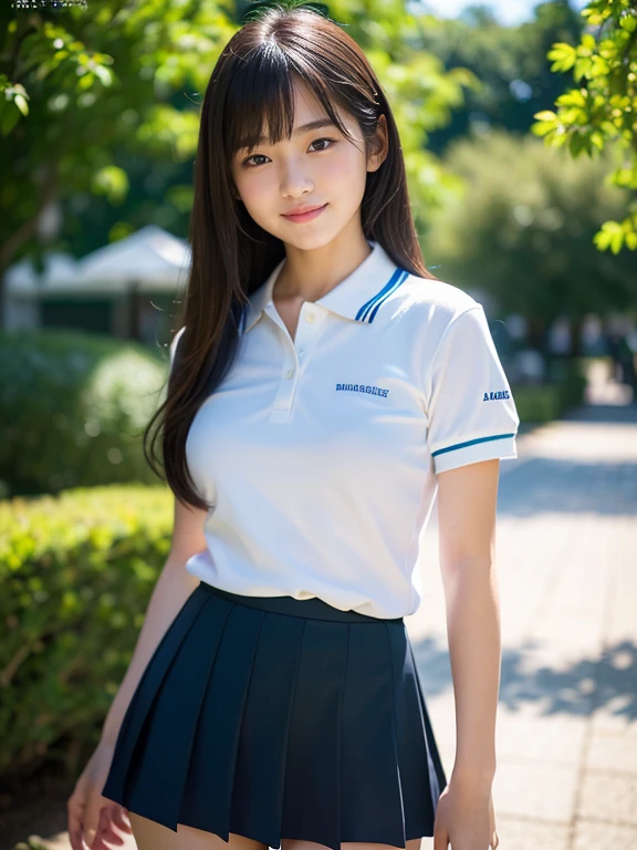 Japanese、high school student、Beauty、Facing forward、Kind eyes、Smiling Kindly、mini skirt、Polo shirt、Arms are behind the back、