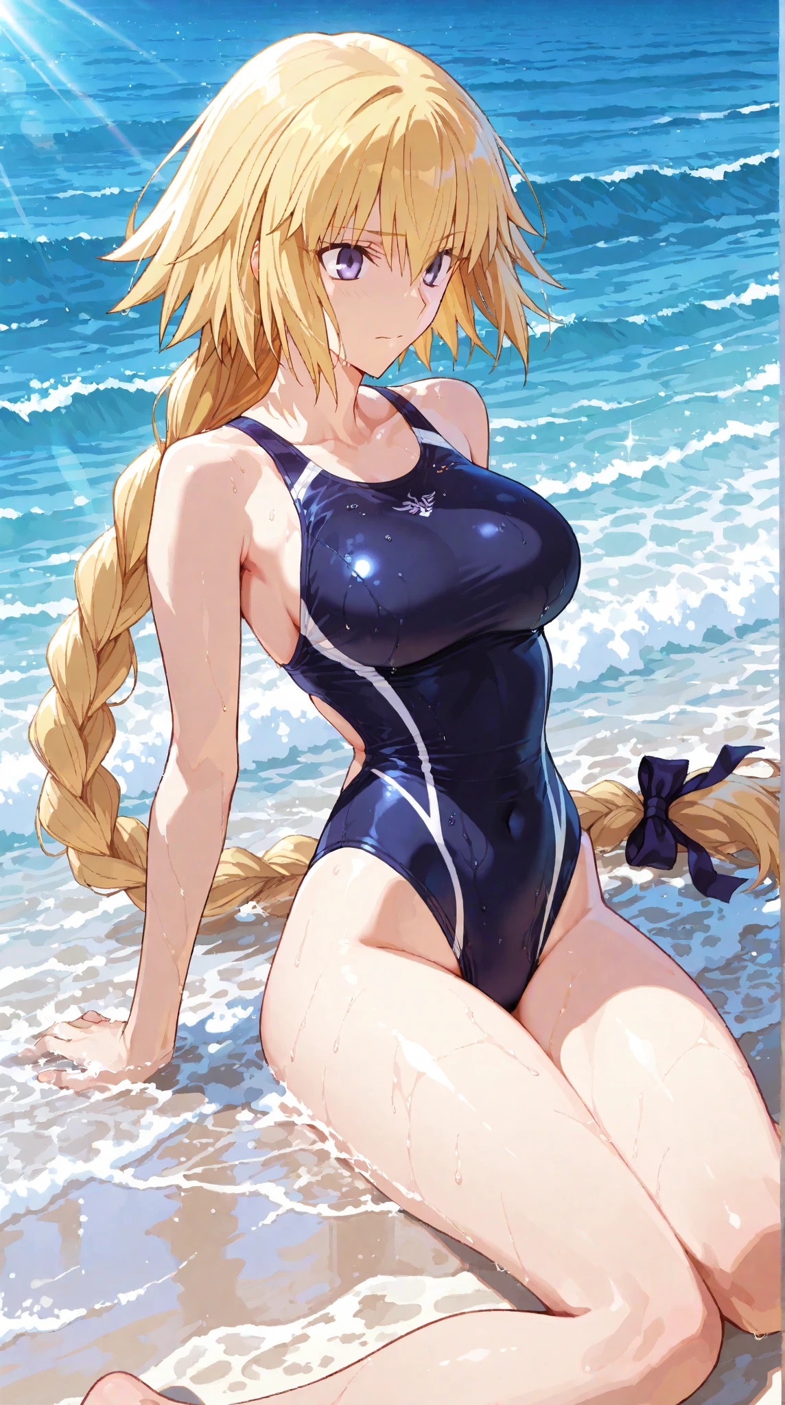 {{{masterpiece}}}, {{{best quality}}}, {{ultra-detailed}}, {illustration}, {{an extremely delicate and beautiful}}, (beautiful detailed eyes:1.6), extremely detailed face, 8k, anime face, Eiko Tsukimi(Ya Boy Kongming!), 1girl, solo, long hair, twin braids, braid, blonde hair, bangs, blush, blue eyes, medium breasts, thin waist, big hips, curvaceous, plump thighs, BREAK,swimsuit, one-piece swimsuit, school swimsuit, old school swimsuit, (gris swimsuit:1.3), covered navel, collarbone, blue one-piece swimsuit, strap slip, BREAK, swimsuit aside, wet, pool, embarrassed, flushed cheeks, thighs, bare arms, cowboy shot, standing, outdoor, sky, daytime, Dutch angle, cameltoe, spread legs, peer in from below