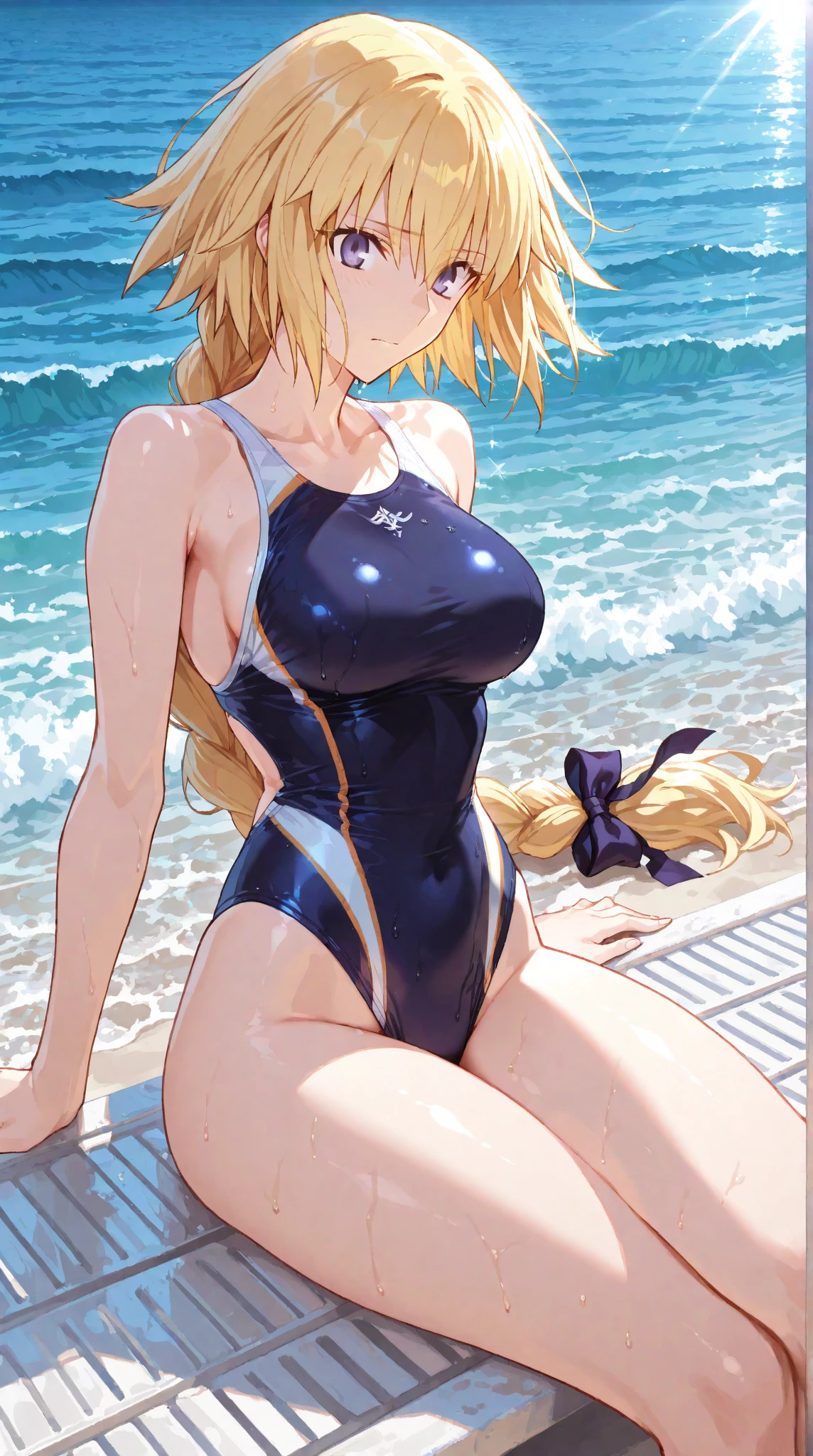 Best quality, tmasterpiece, Incredibly beautiful, very elaborate 8K wallpaper, otherworldly beautiful girl, , (White skin of the), (blonde hair pink gradient hair), Side pony, intermittently, Open your mouth and laugh, Long eyelashes, cosmetics, One eye open, (zoomout, bigger, BigREAK, 夏天, Beachy, (比基尼), Reflection in the water, (Floating water drops blur foreground), (blue-sky), lens flare glow, (water splash), rays of sunshine,swimming uniform,