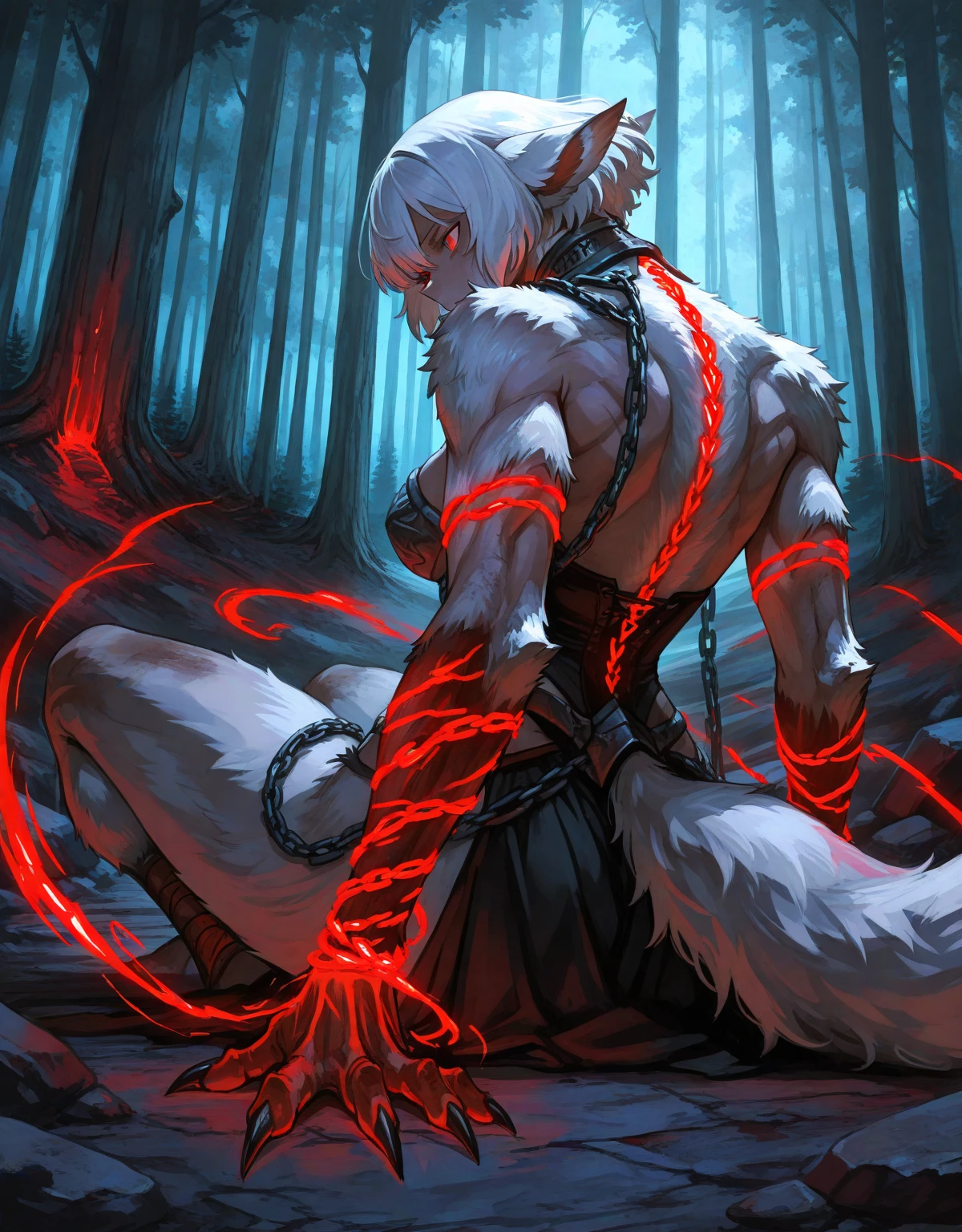((Solo)), thin, male, hisuian zoroark, male, side view, dark ambience, by taran fiddler, by darkgem, looking at viewer, torn clothes, japanese robes, spirit flames, (pecs, abs:0.4), shadowy forest, japanese