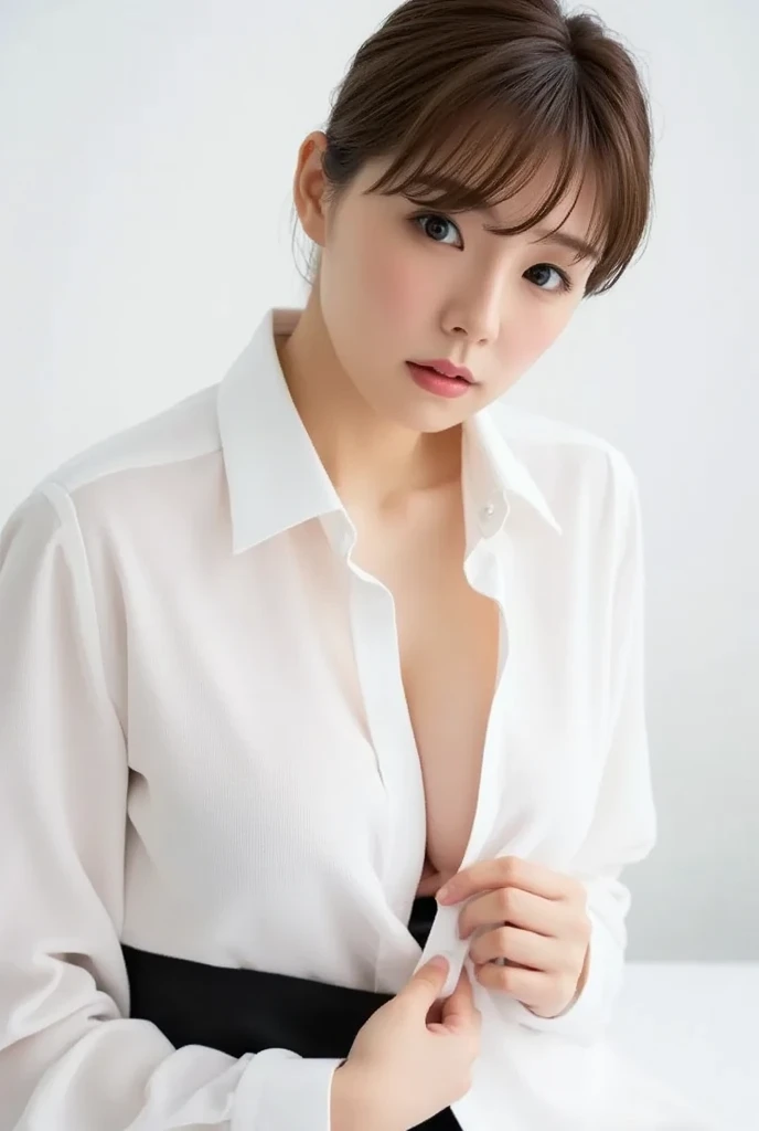 Highest quality、、 Compensate、masterpiece、アなphotograph、Ultra-high resolution、Realistic、Professional Lighting、Natural light、photograph、smile、Ultra slim、Delicate body、very cute、The cutest Erina Mano、Idle class、white肌、(Small breasts、Flat Chest:1.4)、(whiteTPut on a shirt:1.8)、whiteパンティーを履く、Leaning forward、Her cleavage is visible
