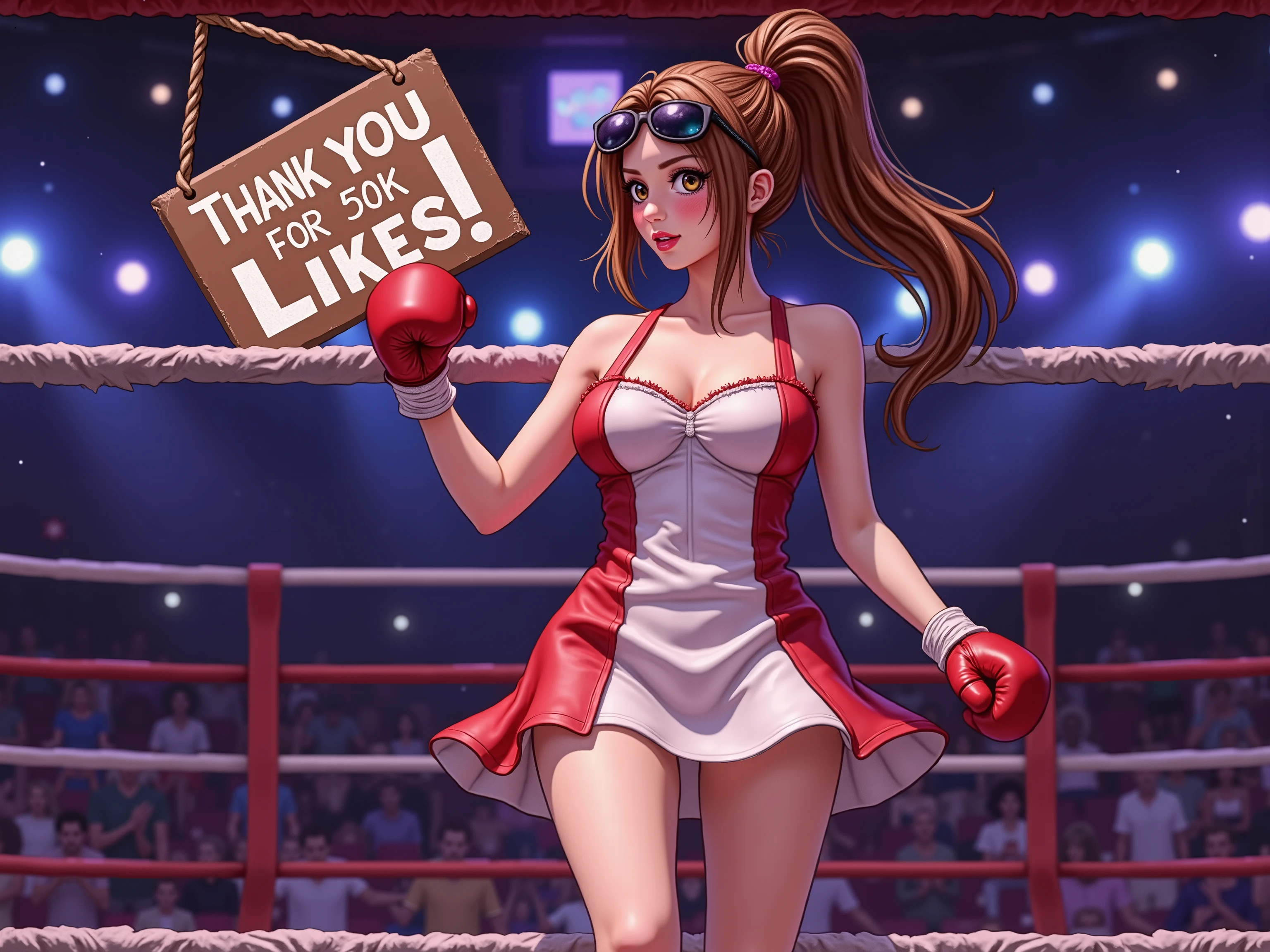 🌟 : high resolution, dynamisch, lively boxing ring atmosphere, slightly retro-smudged like an action-packed boxing ring snapshot.
🔥 : She holds up a hand-painted cardboard sign with the text: "Thak you for 50k likes!" , While her dress is fluttering — she wanders around provocatively to present the sign.
🌌 : A hall illuminated by neon light with boxing ring, in the background blurred stands and spectators.
😈 : An energetic grid girl (sportlich-schlank, sinful dress in bright red/white, High-Ponytail flatternd) wanders through the ring with a raised sign — her cheeks reddened, sunglasses on her forehead.