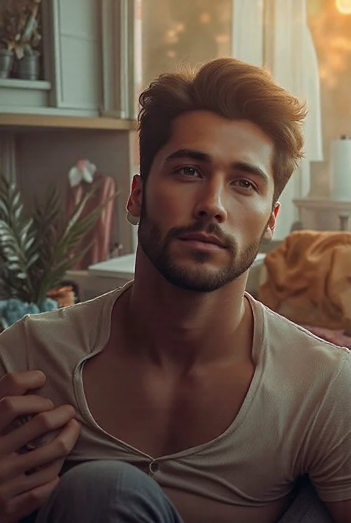 In this photo there will be a white man with brown hair, curly hair cut perfectly into a modern mullet. Her bright brown eyes and sexy smile. He will be standing in the middle of your room, wearing shorts that show off her well-defined thighs and glutes, your perfect and aesthetic abdomen, your perfect lines. Your eyebrows expressing your charisma and sensuality in your gaze, be able to see this image in 4k quality. Your average chin, his mustache trimmed and well defined