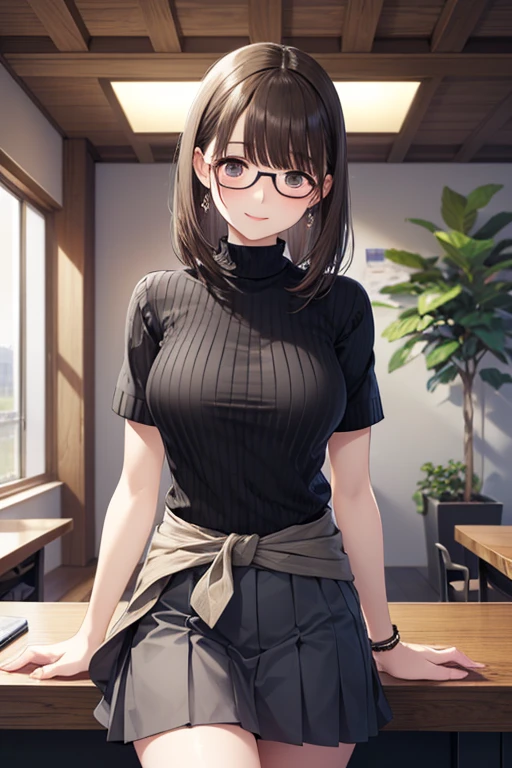 (masterpiece),(highest quality), Glasses, (embarrassing),sweater, at the library,large breasts,soft chest,perfect hands,kawaii,raw photo,perfect fingers,beautiful hands,
