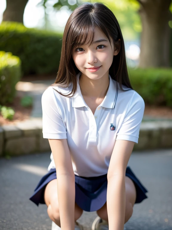 Pure Japanese school girl, outstanding body, beautiful legs, wearing uniform, panty, natural hairstyles, sweet smile, sitting, refreshing in early summer, composition from the front,
