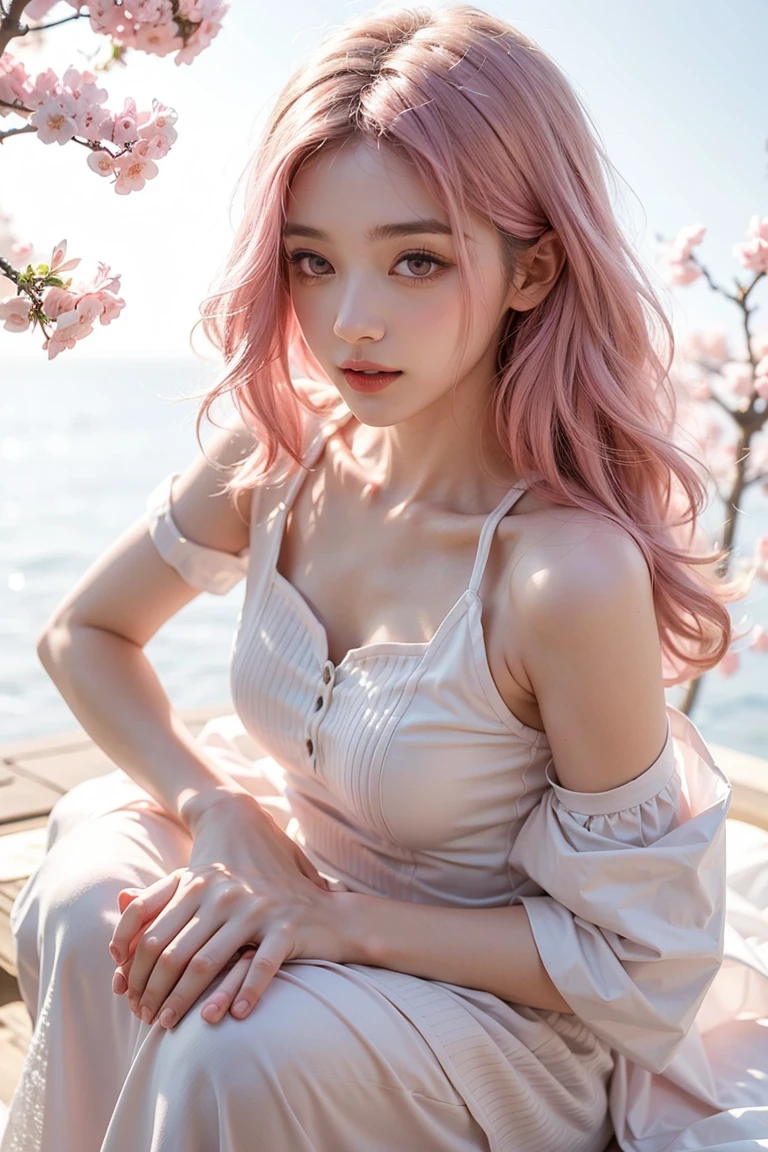 Light pink hair, pink eyes, pink and white, sakura leafs, vivid colors, white dress, paint splash, simple background, ray tracing, wavy hair,Small waist,Flat Chest,flat ass,Small hips,Small breasts,Beautiful nipples,Small Bust,The belly button and the surrounding area are exposed,beautiful girl,Korean beautiful girl dancer,