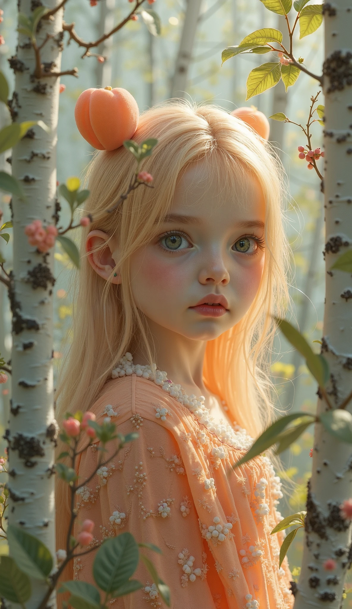 As the camera zooms in, the delicate features of a young European girl's face come into view, capturing her rosy cheeks flushed from the crisp autumn air, auburn hair cascading in gentle waves, and a hint of curiosity in her hazel eyes as she explores a sunlit forest filled with vibrant foliage and playful woodland creatures, Artwork, watercolor painting on textured paper,