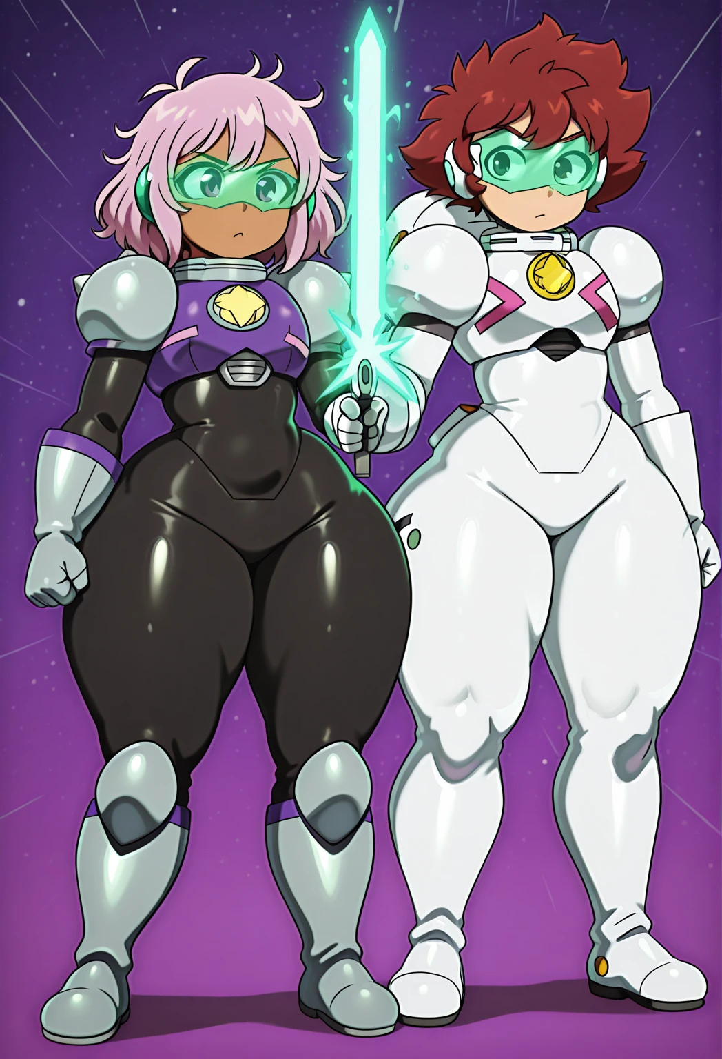 (masterpiece), (best quality), (high res) 2boys, (perfect anatomy) (perfect face) anime boy, (crossdresser), medium dark brown hair, red eyes, brown skin, wide hips, narrow waist and thick thighs, flustered, brushing, standing in space, flat chest, (full body suit), (visible bulge), (skin tight space green quantum space suit) man, fair skin, white hair, yellow eyes, in outer space, (gay sex)