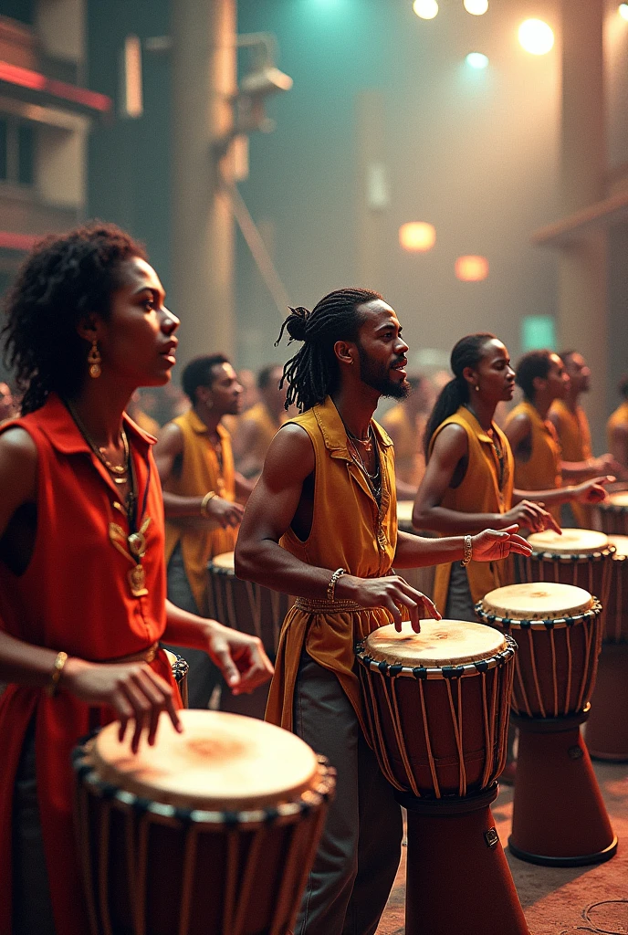 Create a scene of Fela and his female dancers at his back during the early days of Koola Lobitos, playing music in a smoky Lagos club.