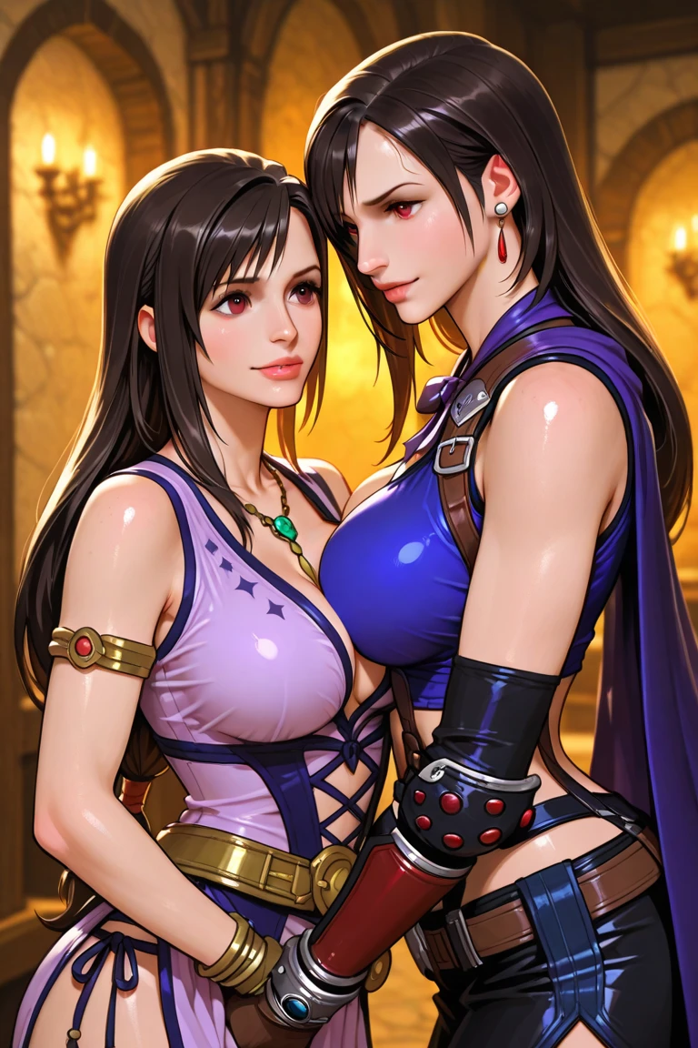 NSFW, masutepiece, Best Quality, 8K, hight resolution, extremely detailed girl, extremely detailed beautiful face, Beautiful skin, Shiny skin, Cowboy Shot, 2girls, Two attractive women are hugging each other in red and blue dresses、and tifa lockhart, Black hair, Long hair, Blue Dress, official alternate costume, Red Eyes, one eye closed, Jewelry, (Smile:1.2), breasts, Happy and Aerith Gainsbourg, Brown hair, Red dress, straplessdress, official alternate costume, Strapless, Closed eyes, kissing cheek, Jewelry, Smile, breasts,