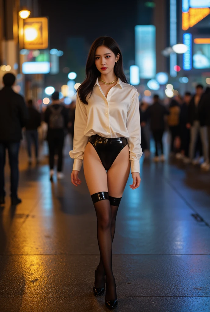 (in 8K、Raw photography、Highest Quality、realisitic、Photorealsitic、Professional Lighting、​masterpiece、Extremely delicate and beautiful、Highly detailed、finely detail、ultra-detailliert、hight resolution、beautiful and detailed face、Textured skin、full-shot:2、low angles:1.5)、1girl in、Alone:2、Beautiful model sitting alone with her crotch open、Beautiful face:2、Open your legs 120 degrees:2、Open your crotch:2、M-shaped legs、short shiny skirt、Wet white panties:1.5、Pubic hair sticking out of panties、The shape of the woman's pubic area is clearly visible、no panty、White Blazer、Long body、Hostess、22year old、Good posture、Straight spine、Brown hair、White high heels、anklets、gyuru、a necklace、A bracelet、ear ornament、Chanel Accessories、Stairs at Shinjuku Station at night