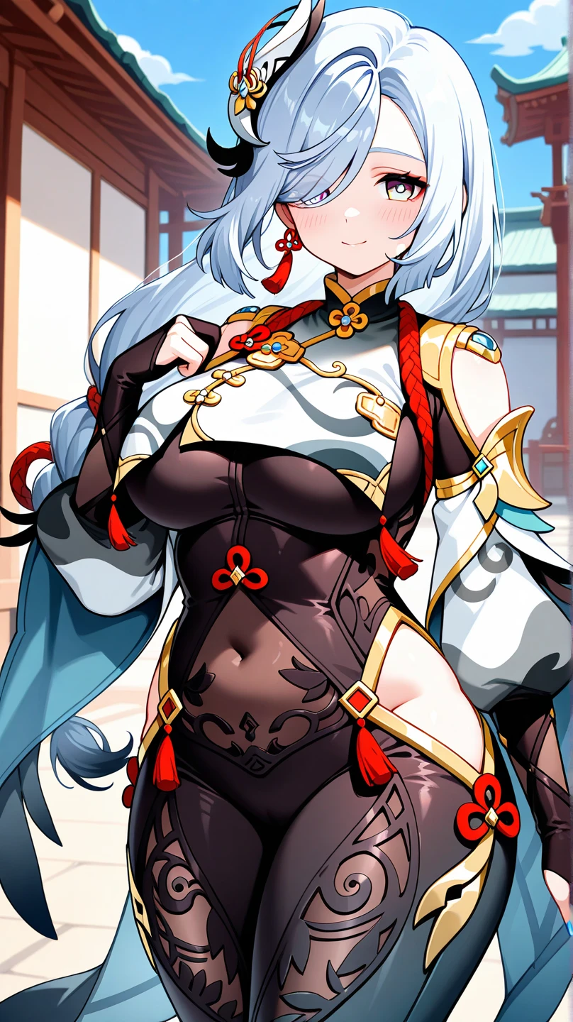 earrings, braided ponytail, puffy sleeves, gold trim, gloves, bodysuit, breast curtain, shoulder cutout, covered navel, hip vent, clothing cutout, tassel, (luxury livingroom background), ShenheV4, anime cels style, best quality, high resolution, 1girl, (huge breasts:1.2), beautiful face, grey hair, long hair, hair ornament, hair over one eye, blue eyes, cowboy shot, smiling