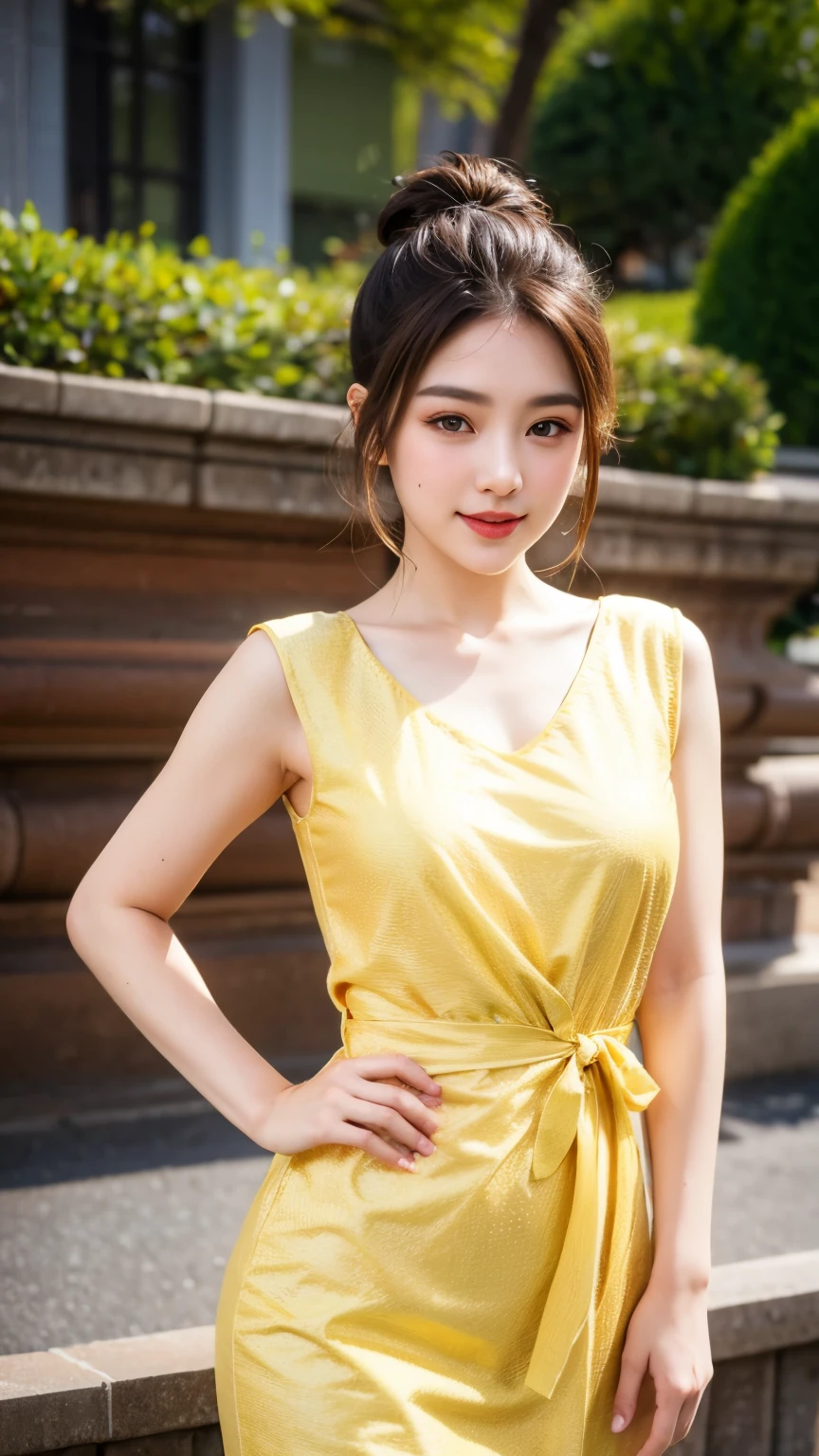1 girl, hair bun, beautiful girl, mmTD burmese patterned traditional dress, yellow dress, outdoor, perfect light, masterpiece, best quality, ultra detailed, cinematic feels, looking at the viewer, 8k, RAW photo, realistic, photo realistic, intricately detailed, UHD, full HD, ultra resolution