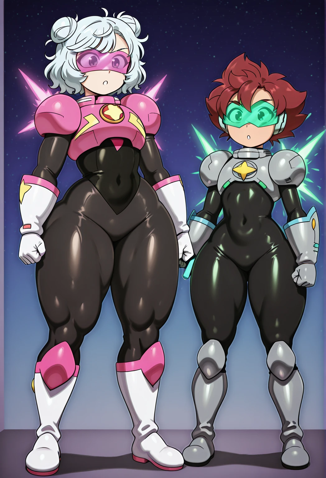 (masterpiece), (best quality), (high res) 2boys, (perfect anatomy) (perfect face) anime boy, (crossdresser), medium dark brown hair, red eyes, brown skin, wide hips, narrow waist and thick thighs, flustered, brushing, standing in space, flat chest, (full body suit), (visible bulge), (skin tight space green quantum space suit) man, strong, fair skin, black hair, white eyes, (marked muscles) in outer space, (gay sex)