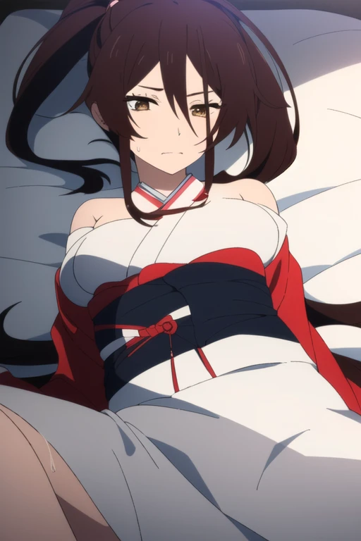 score_9, score_8_superior, score_7_superior, sauce_anime,
Sagiri Yamada Asaemon, Sagiriyamada Asaemon, Long Hair, Black Hair, ponytail, high ponytail, Brown eyes,
torn white kimono, undress clothes, In the same way, lie on bed, show off breast ,
indoor, bed, bed room, ~ side, blush,
alone, Dutch Angle, View your viewers, Cowboy Shot, torn white panties,