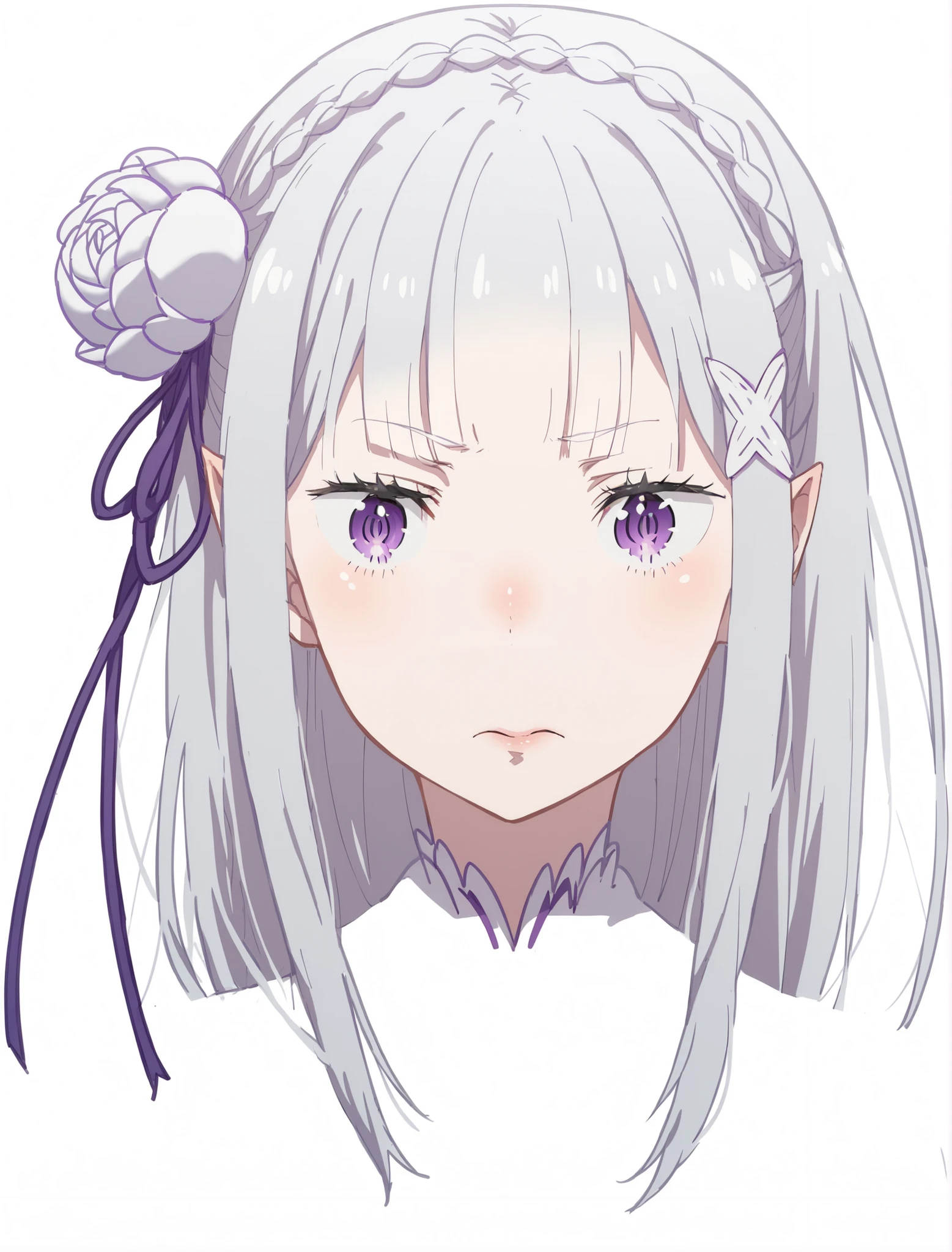 ((Emilia)), girl, , naked, (very white skin), braid, crown braid, flower, hair flower, hair ornament, hair band, long hair, (detailed hair), purple eyes, white hair, bangs, x-shaped hair ornament, eyebrows, black eyelashes, nose, nostrils, mouth, lips, (simple mouth), pointy ears, detailed ears, (detailed face), (thin face), (((Re zero anime style))), (2d style), (high quality), ((detailed body)), ((design faithful to the original)), (high quality), ((very detailed)),