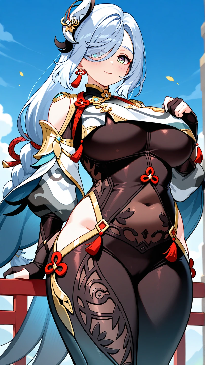 ((BLACK BACKGROUND1:2)) masterpiece, best quality, high quality, 1solo white SKIN elf, long hair, white hair, white eyes, full body, black bikini, looking at viewer, shiny, black thighhighs, high boots,shoulder armor, faulds, poleyn, gloves, gauntlets, FEET TOGETHER STANDING SYMMETRICAL, female elf big knockers cleavage bikini, black headwear, black choker collar, lustful smirking smile face red blushed red cheeks, smile, hands on hips