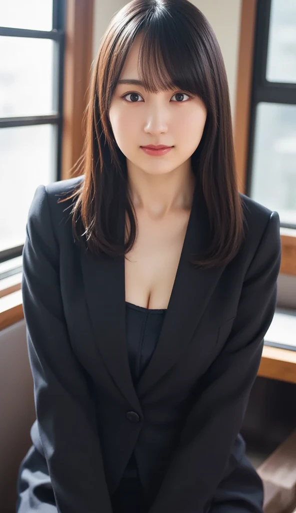 (masterpiece:1.2), (Highest quality), (Looks like a whole body:1.3) ,(Very detailed), (8K, Complex), (Lens 135mm,F1.8), (Realistic)(Black background:1.3), Portrait Photography，(Dynamic pose)，Side lighting,Edge lights up,Best Shadow,Area light source,Perfect Anatomy,perfect face shape,Best for women,Best Female Body,Improves skin texture,Fine fabric pattern,Precise beauty,Delicate and delicate skin，Very detailedな肌，Pale skin，Delicate hair，Glowing Skin，Highest quality， Realistic， 8K，uhd， 1 Girl， Pervert woman, (Looks like a whole body:1.3)， School，at last， Blazer jacket， Tight mini skirt、(Open chest, Covered nipples:1,2), uniform，Nipples are visible， No pants， Boldly roll up your skirt， （open legs 1.5）， Bend your knees and spread your legs，The buttoned up shirt flutters、necklace, Looking into the camera、Looking into the camera、