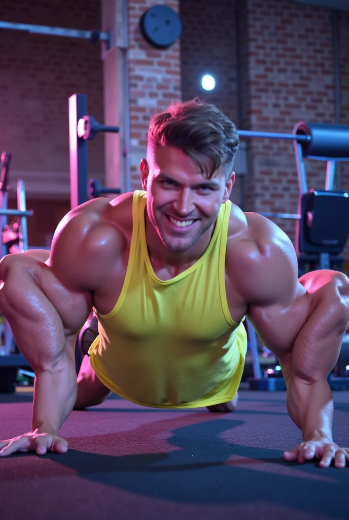 Full length view of a deeply tanned shirtless handsome athletic young smiling Caucasian guy with short blonde undercut hair, wearing shiny metalic-green latex shorts, long whitehigh socks, and white futurist hype-styled sneakers. He is laying down on his back on a weight bench in a gym. Highly detailed photo
