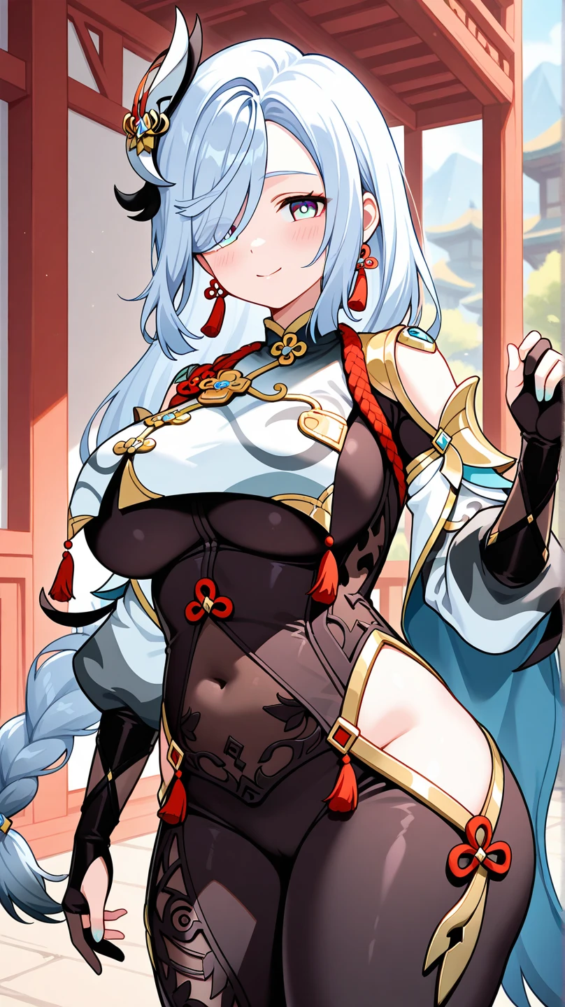 earrings, braided ponytail, puffy sleeves, gold trim, gloves, bodysuit, breast curtain, shoulder cutout, covered navel, hip vent, clothing cutout, tassel, (luxury livingroom background), ShenheV4, anime cels style, best quality, high resolution, 1girl, (huge breasts:1.2), beautiful face, grey hair, long hair, hair ornament, hair over one eye, blue eyes, cowboy shot, smiling