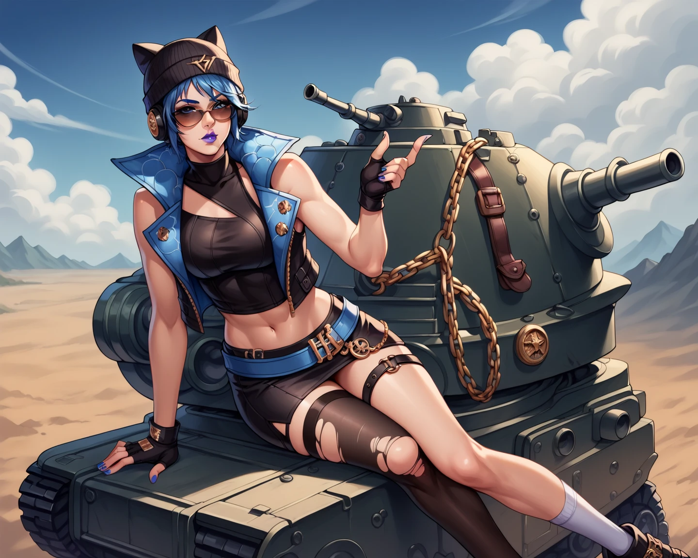 An anime catgirl in a bikini gleefully rides on the turret of a huge armored tank that matches the color scheme of her bikini, streets of tokyo
