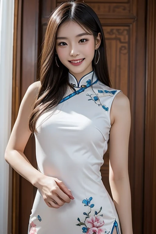 1 girl, fair, 20 years old, White skin, Bare breasts, Sexy pose, sleeveless, ((Chinese cheongsam dress)), ((Chinese Qipao Outfit)), Blue Eyes, muscle, Bokeh, Street Lunar New Year Background, masterpiece, ((night:1.1))