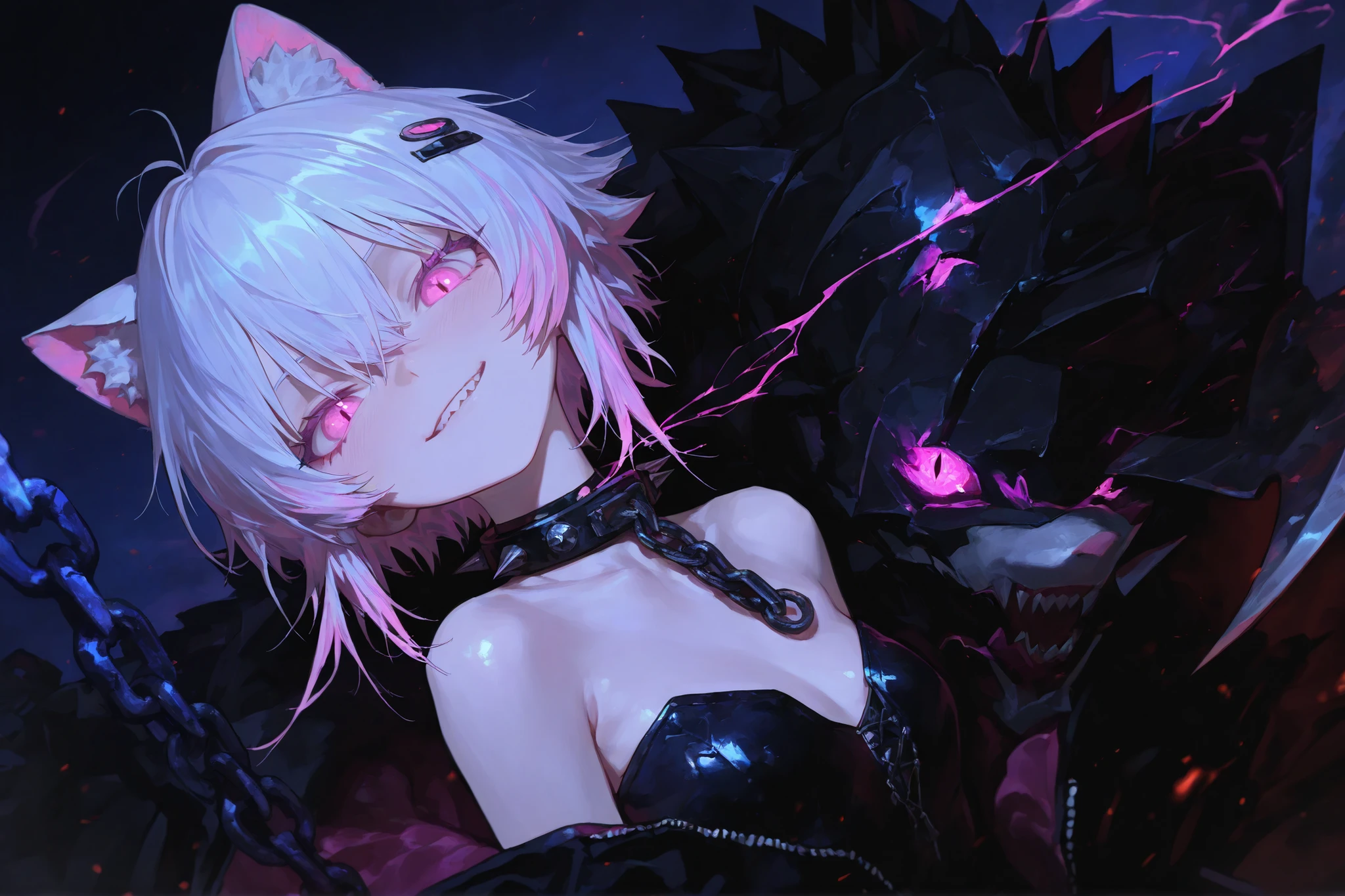 Silver hair, pink eyes, body, cat ears, earrings, fantasy background